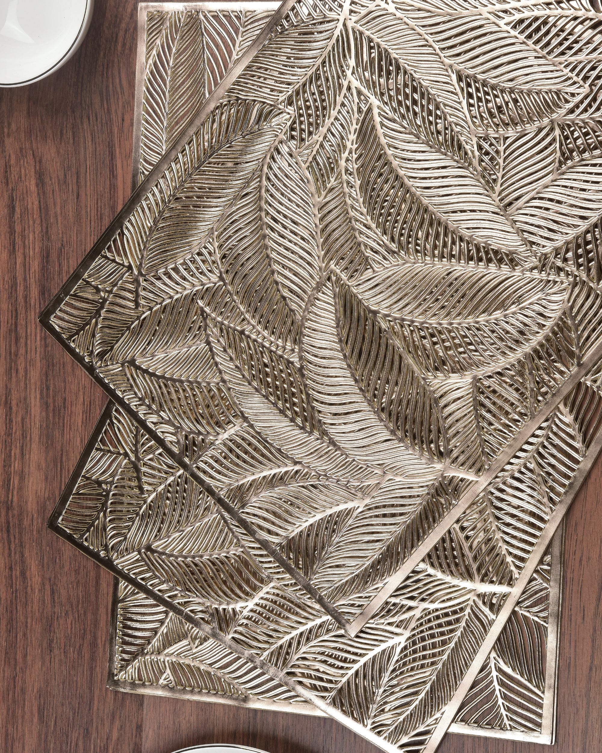 Premsons® Golden Leaf Design Rectangle Metallic Placemats – Washable, Wipeable, Non-Slip & Stain-Resistant Hollow Table Mats for Dining, Kitchen, Wedding & Party Decoration
