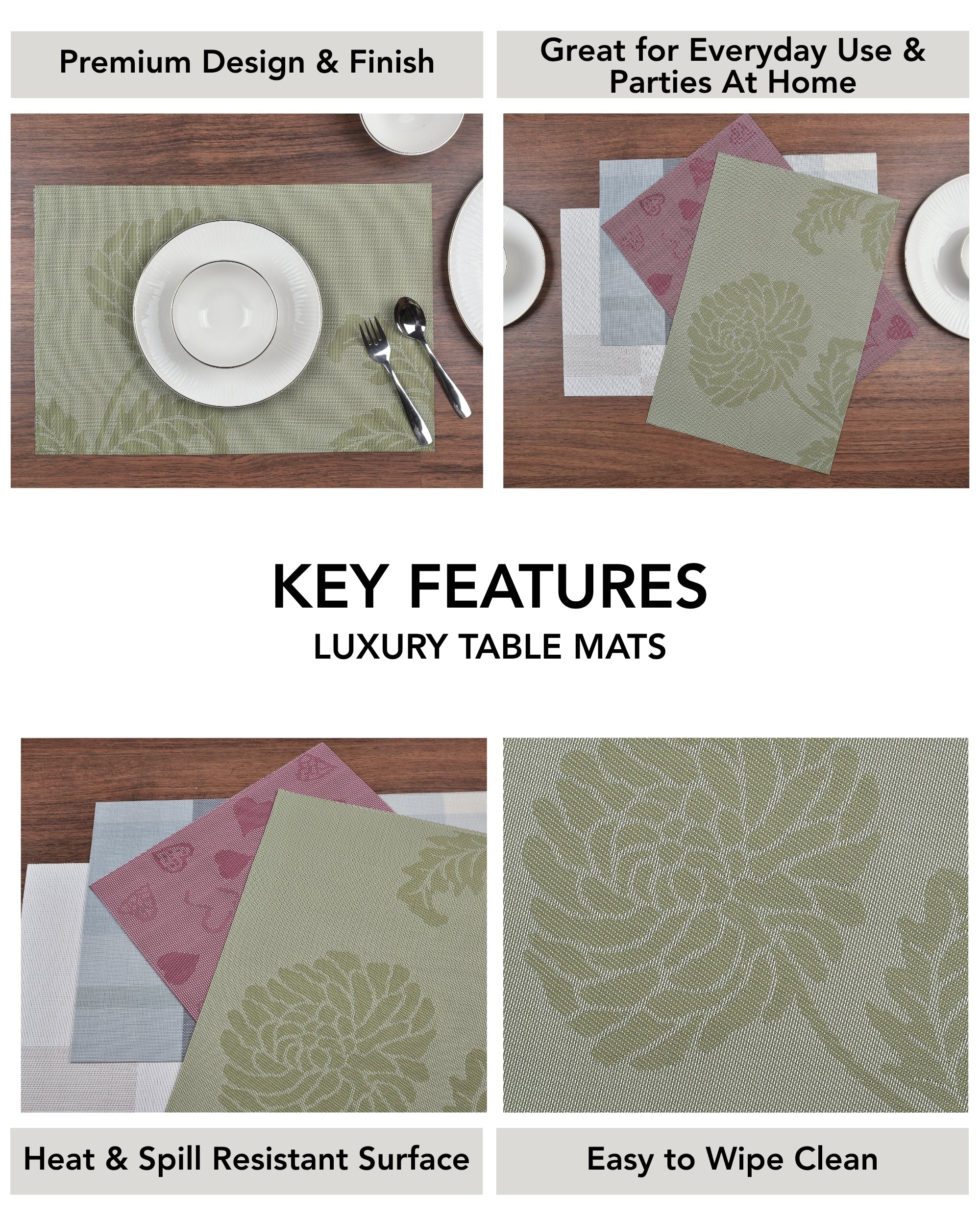 Premsons® Olive Green Rectangle Metallic Placemats – Washable, Wipeable, Non-Slip & Stain-Resistant Table Mats for Dining, Kitchen, Wedding & Party Décor
