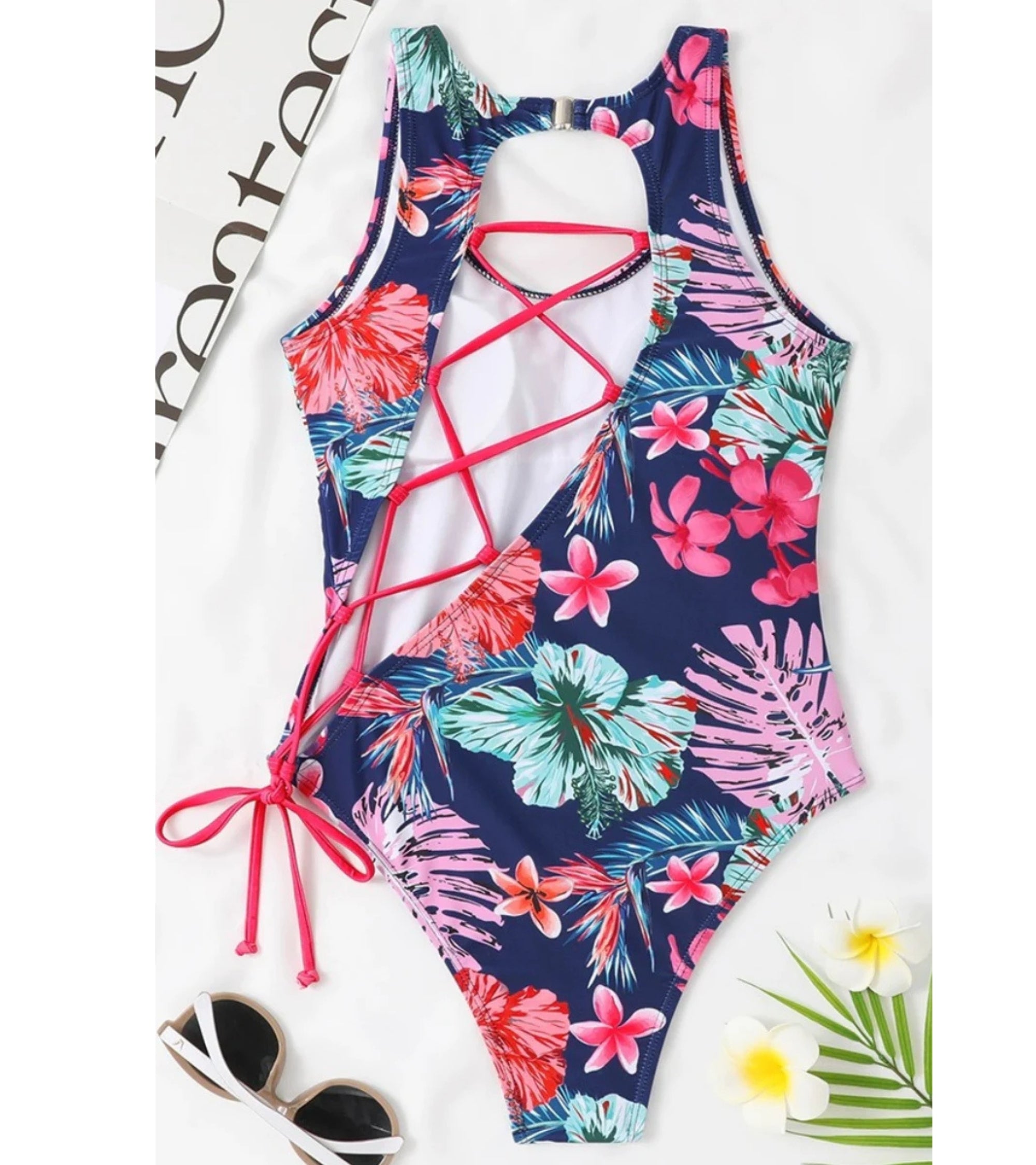 Premsons® Women's Bold Floral One-Piece Swimsuit – Stylish Strappy Back Swimwear for Pool Parties, Vacations & Resort Looks