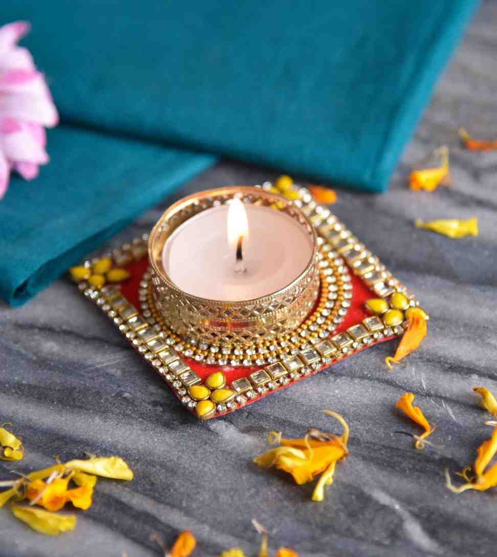 Premsons® Square Embellished Tealight Diya – Decorative Rangoli Candle for Diwali & More