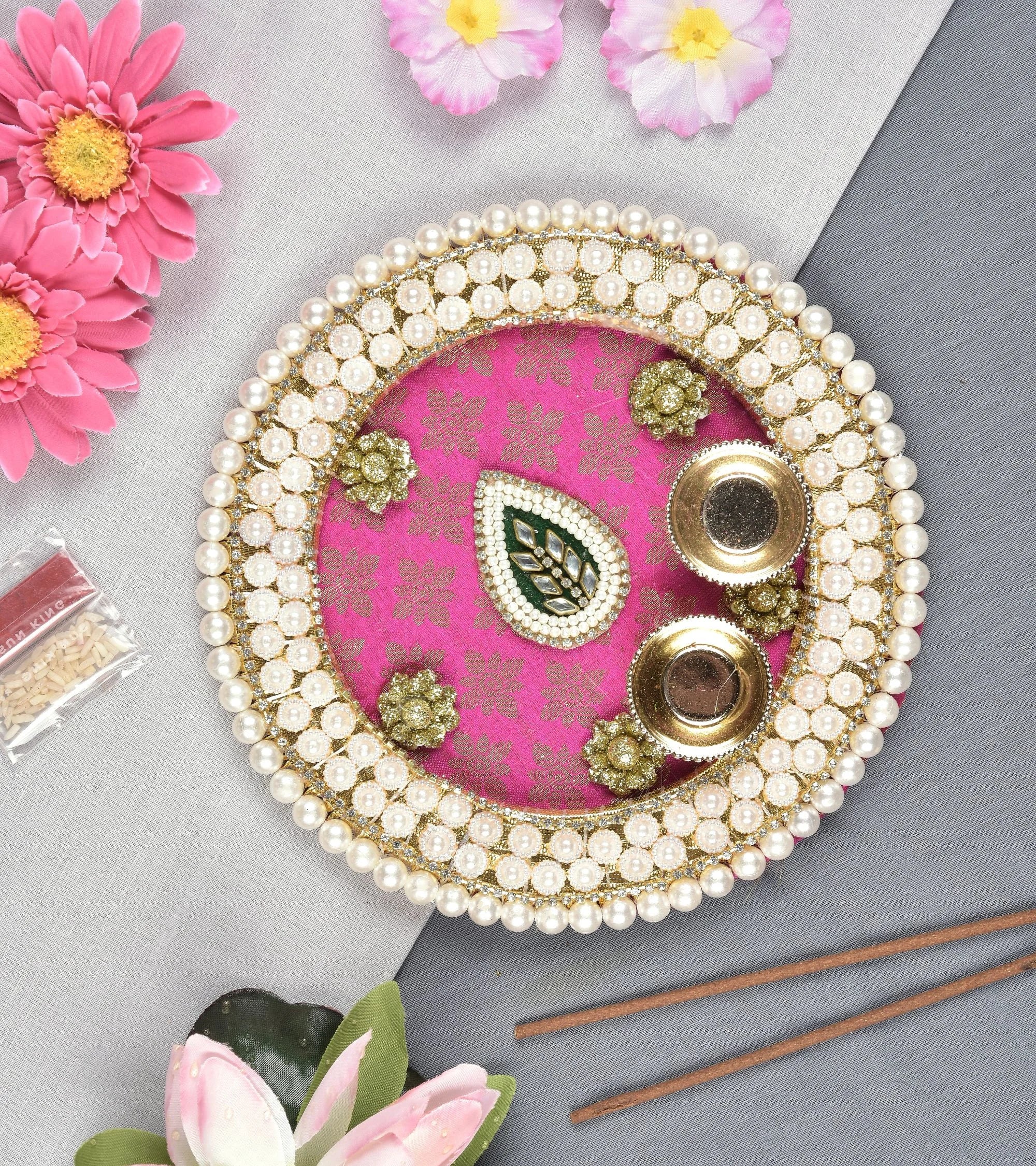 Premsons® Pink Pooja Thali – Elegant Traditional Plate for Festivals & Rituals