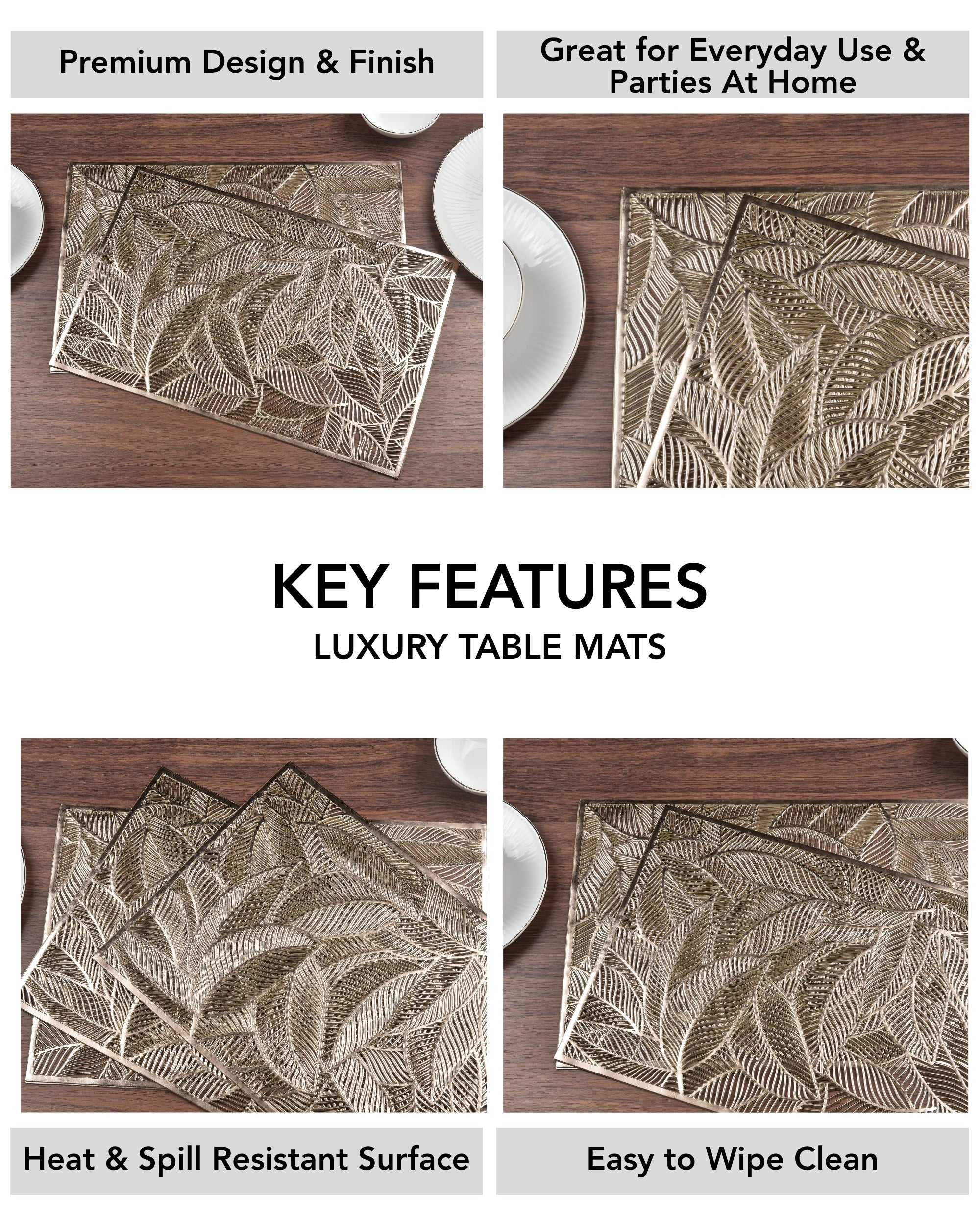 Premsons® Golden Leaf Design Rectangle Metallic Placemats – Washable, Wipeable, Non-Slip & Stain-Resistant Hollow Table Mats for Dining, Kitchen, Wedding & Party Decoration