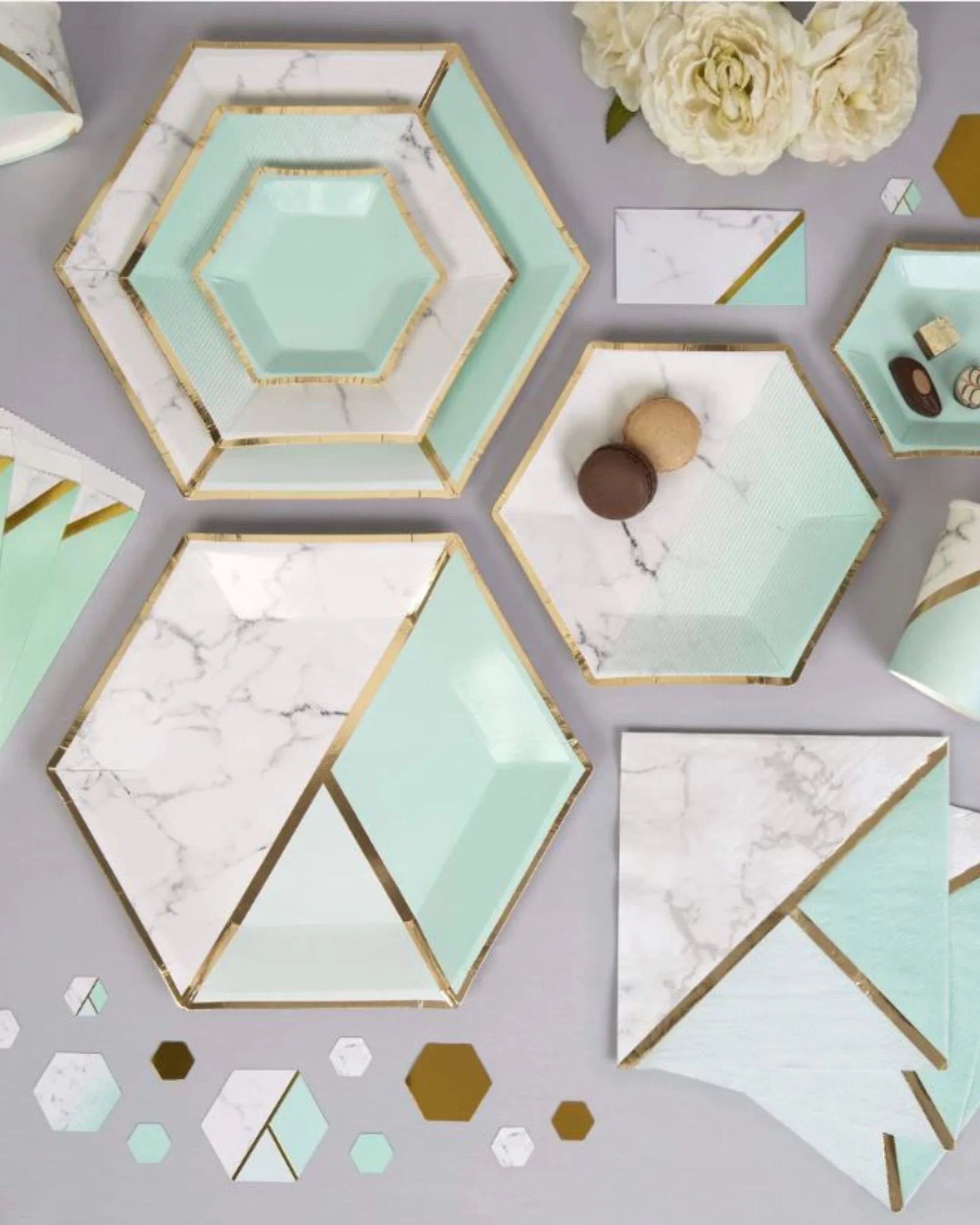 Premsons® 7 -Inch Mint Green Marble with Gold Large Paper Plates - Birthday, Wedding, Showers Disposable Decorative Party Plates - Pack of 10
