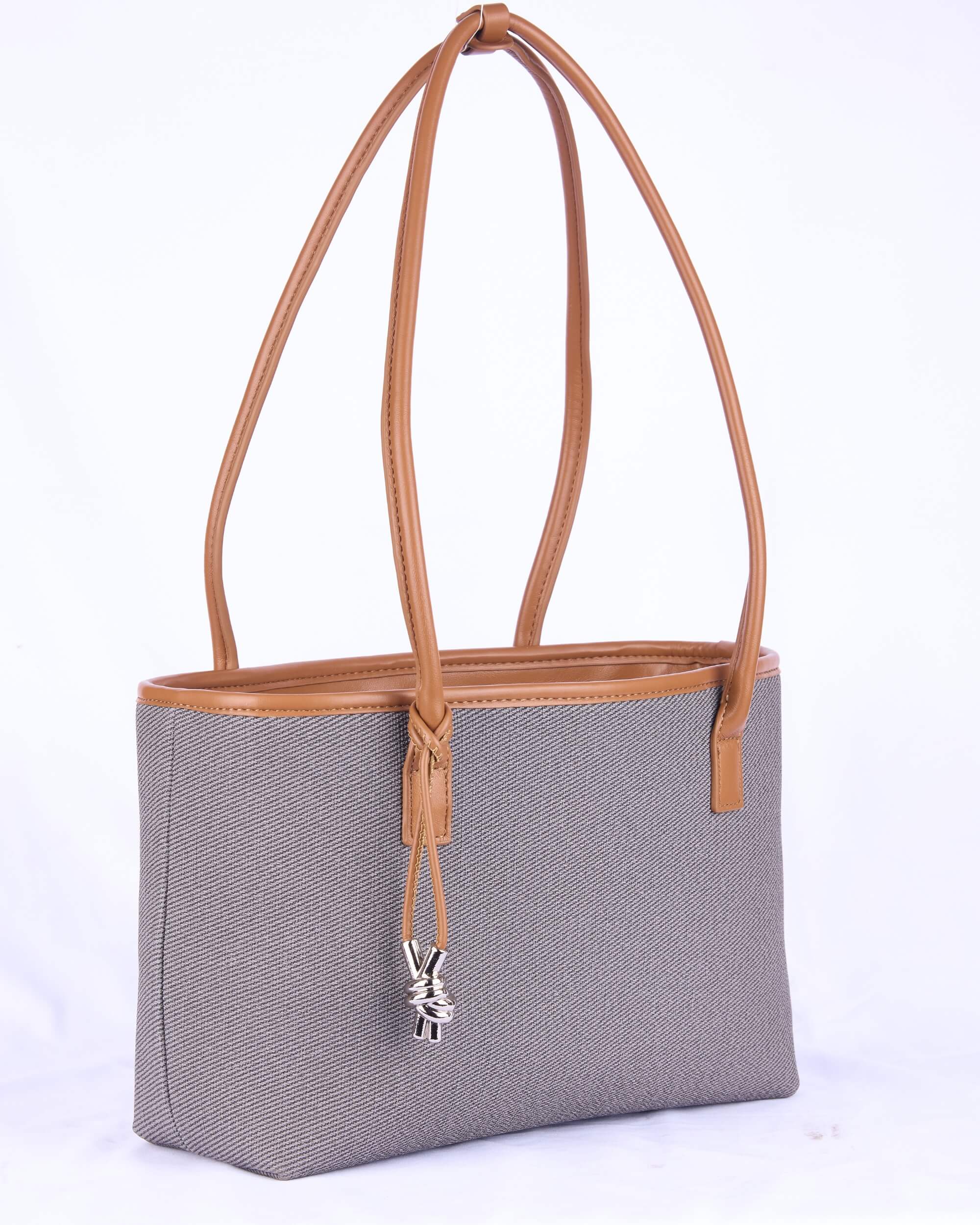 Eternia® Women's Handbag - Canvas and Faux Leather Tote with Drawstring Closure - Stylish and Spacious Everyday Shoulder Bag (Grey & Brown)