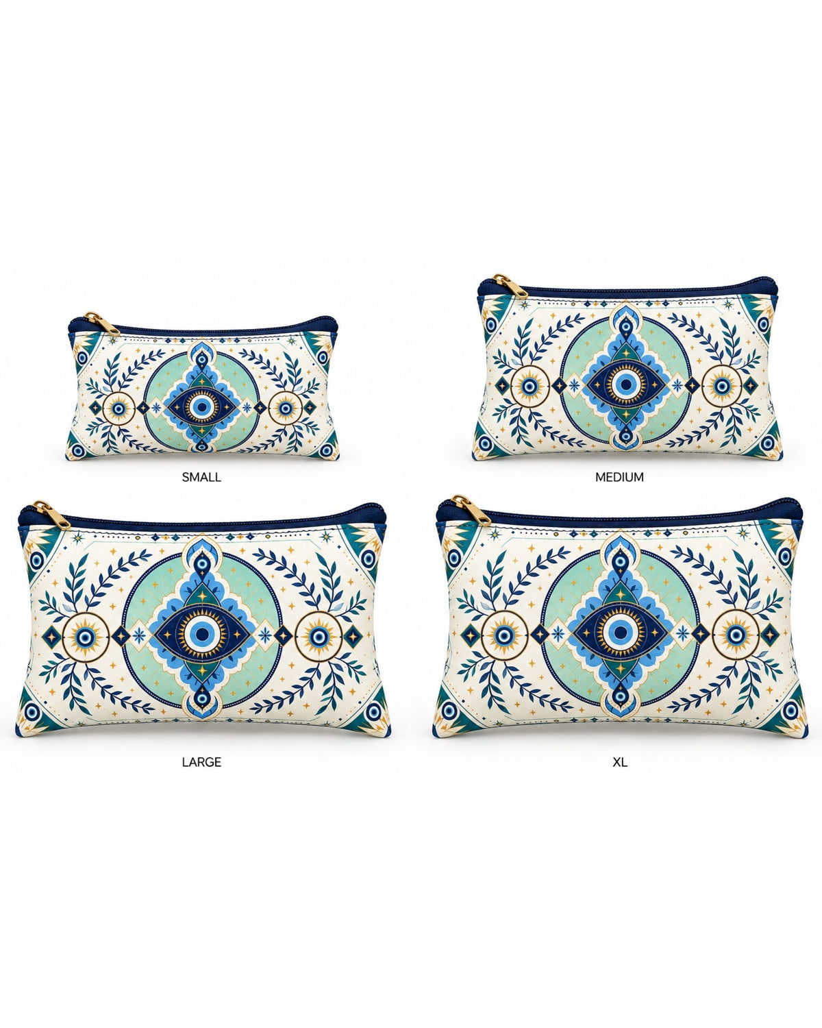 Four-size set of vegan leather zipper pouches with blue evil-eye motifs (S–XL)