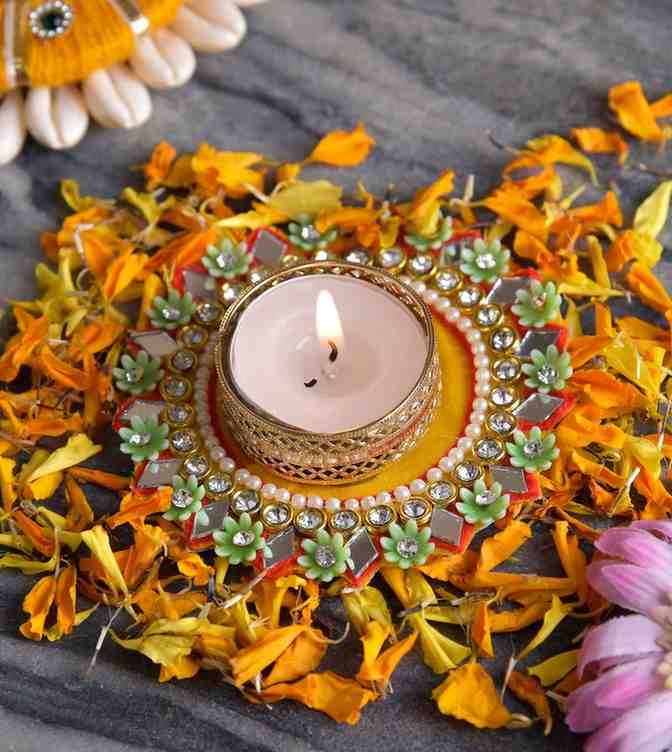 Premsons® Flowers & Pearl Studded Round Diya – Traditional Festive Light