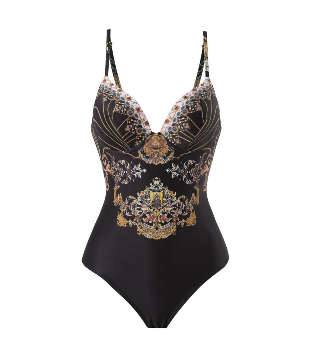 One-piece swimsuit with V-neck, black and gold baroque print, thin shoulder straps