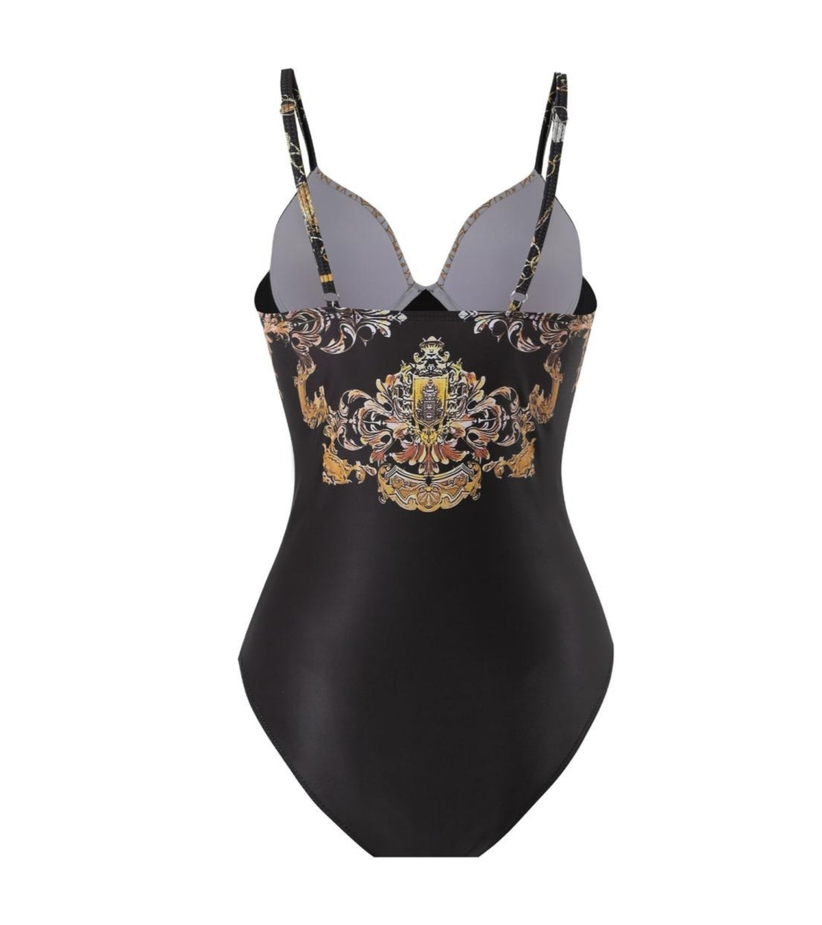 One-piece swimsuit with V-neck and thin straps, black with gold baroque center print