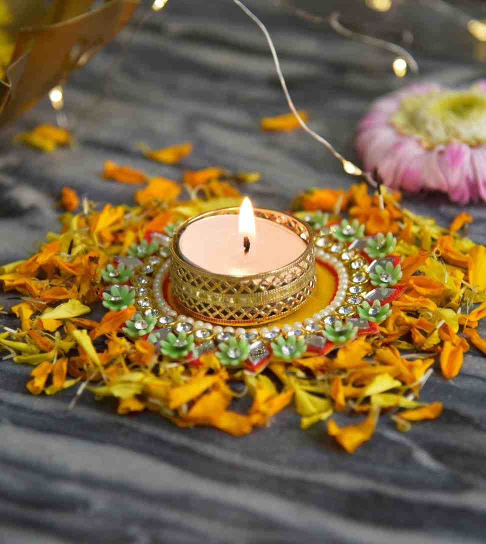 Premsons® Flowers & Pearl Studded Round Diya – Traditional Festive Light