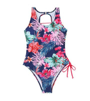 Women’s one-piece swimsuit, navy tropical floral with keyhole ring at neckline
