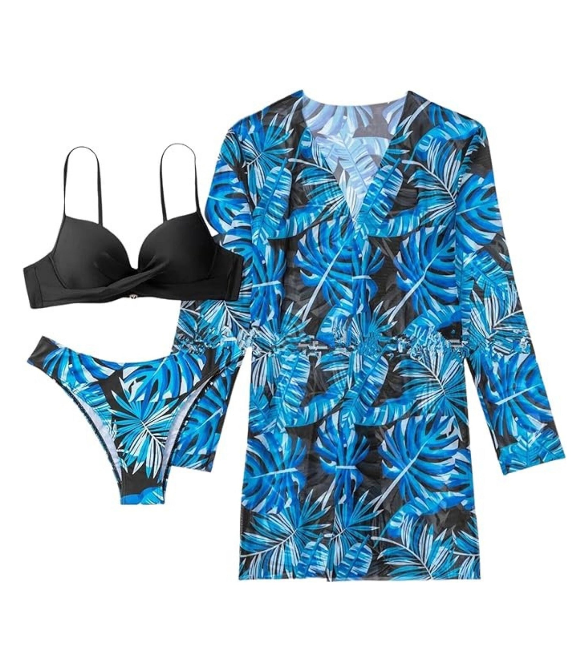 3-piece swimsuit set with blue tropical-print bikini and long-sleeve kimono cover-up.