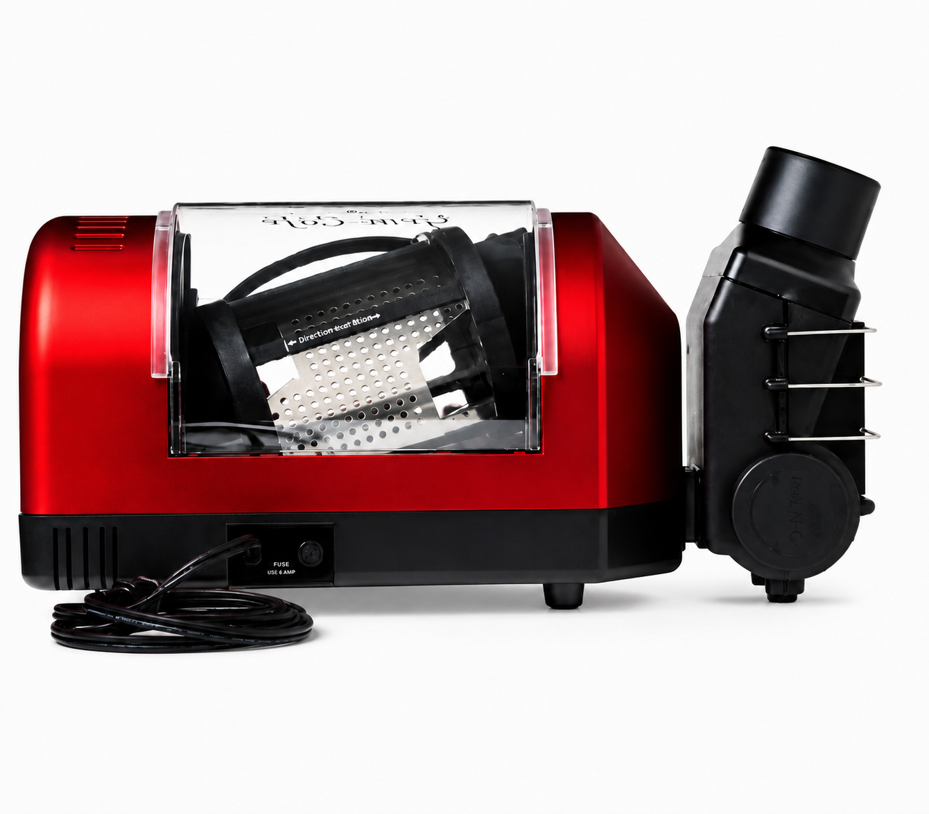 Home coffee roaster machine with clear roasting chamber, red body and black chimney