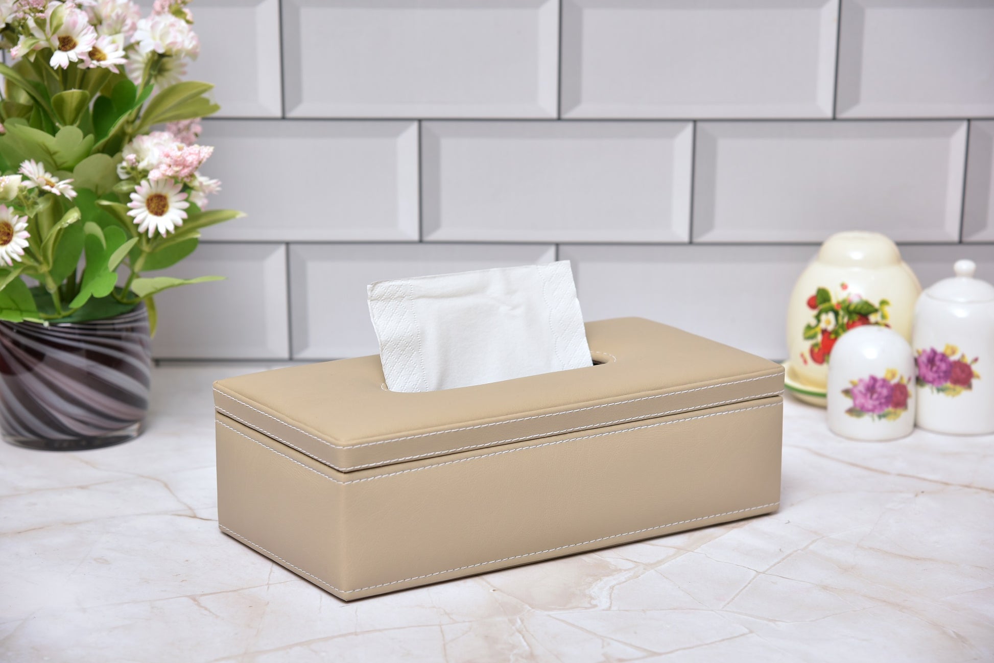 Rectangular tissue holder in beige leatherette with white tissues, open top