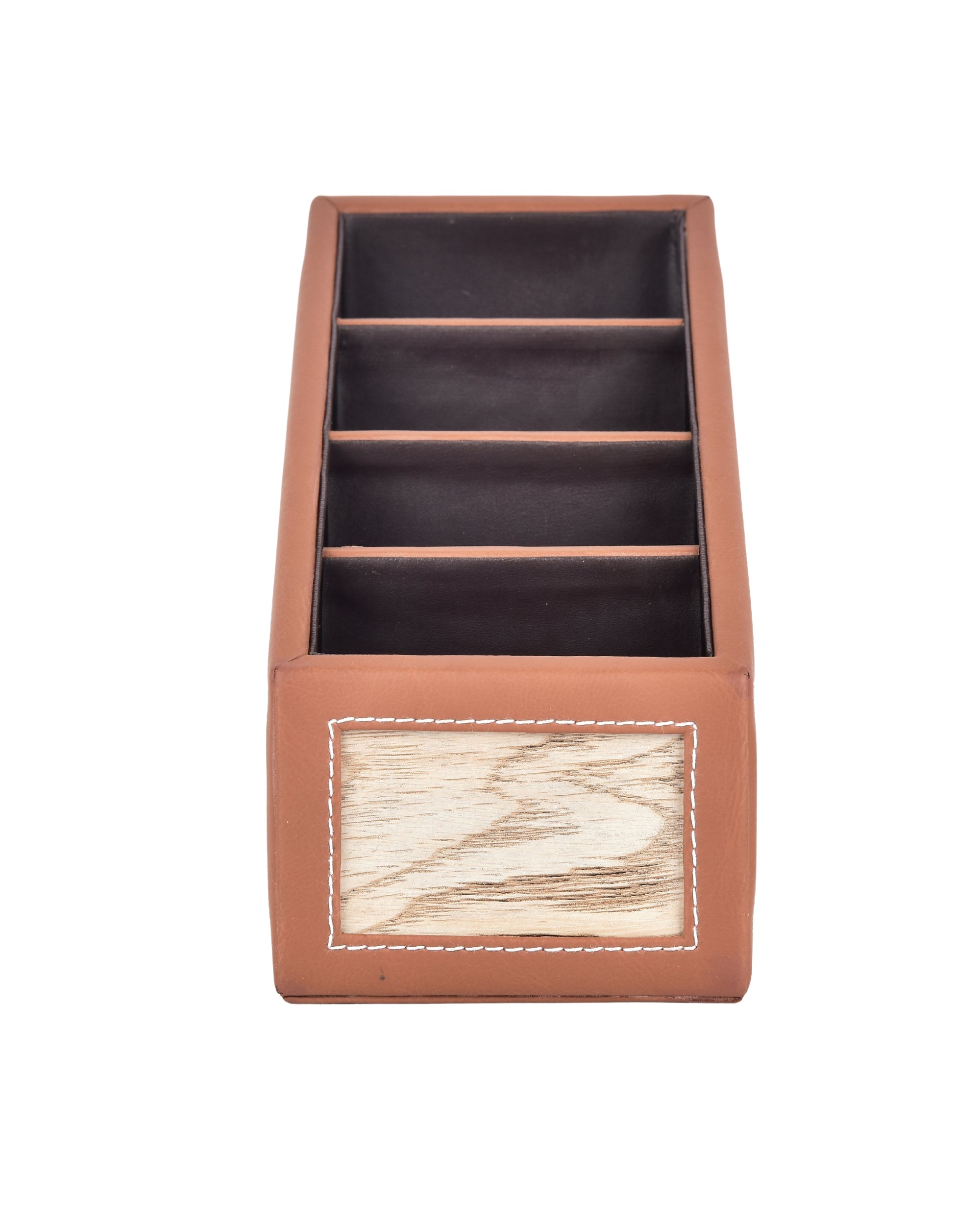 Premsons® Remote Holder Artificial Leather with Wooden Finish – 4 Section Tabletop Organizer for TV, AC & Office Desk Accessories – Compact & Stylish Storage Solution for Home & Office