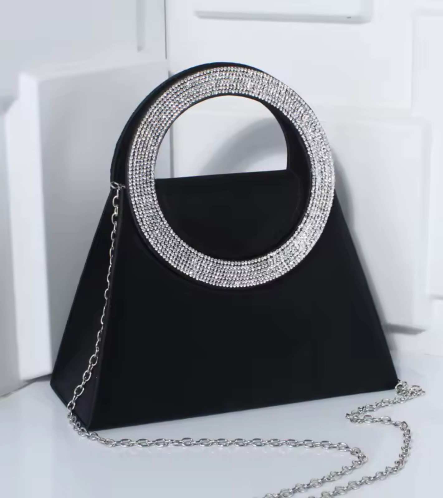 Eternia® Crystal Circle Handle Evening Bag – Rhinestone Top Handle – Black