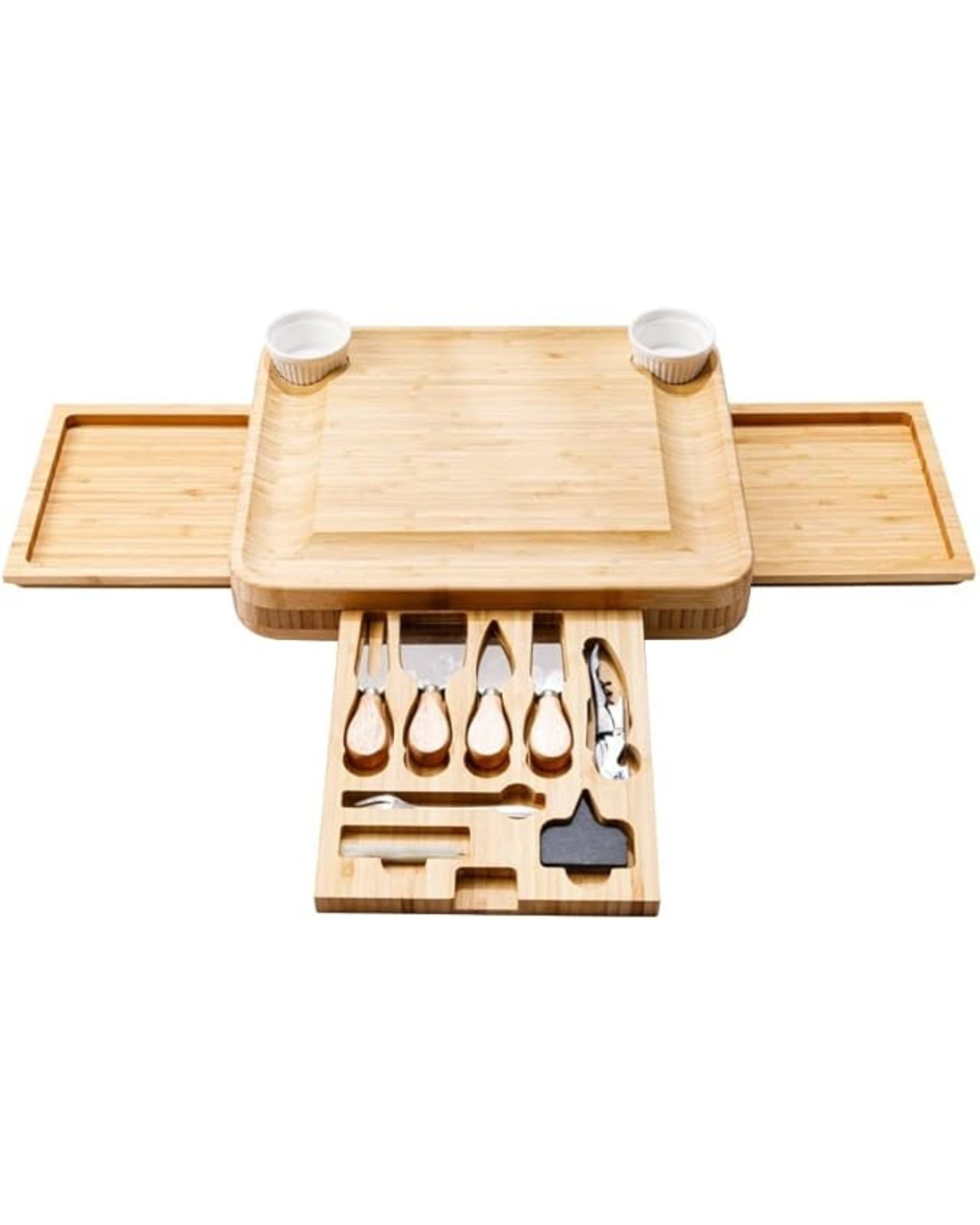Premsons® Bamboo Cheese Board & Knife Set - 4 Knives + 4 Forks + Ceramic Bowl Set - Charcoal Slate Chalk Marker Cutlery Three Slide Out Drawer - Ideal for Home Dinner Special Occasions