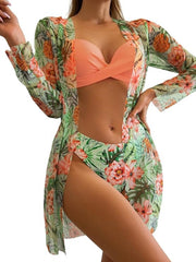 3-piece swimsuit set with floral kimono cover-up and peach push-up bikini, long sleeves.