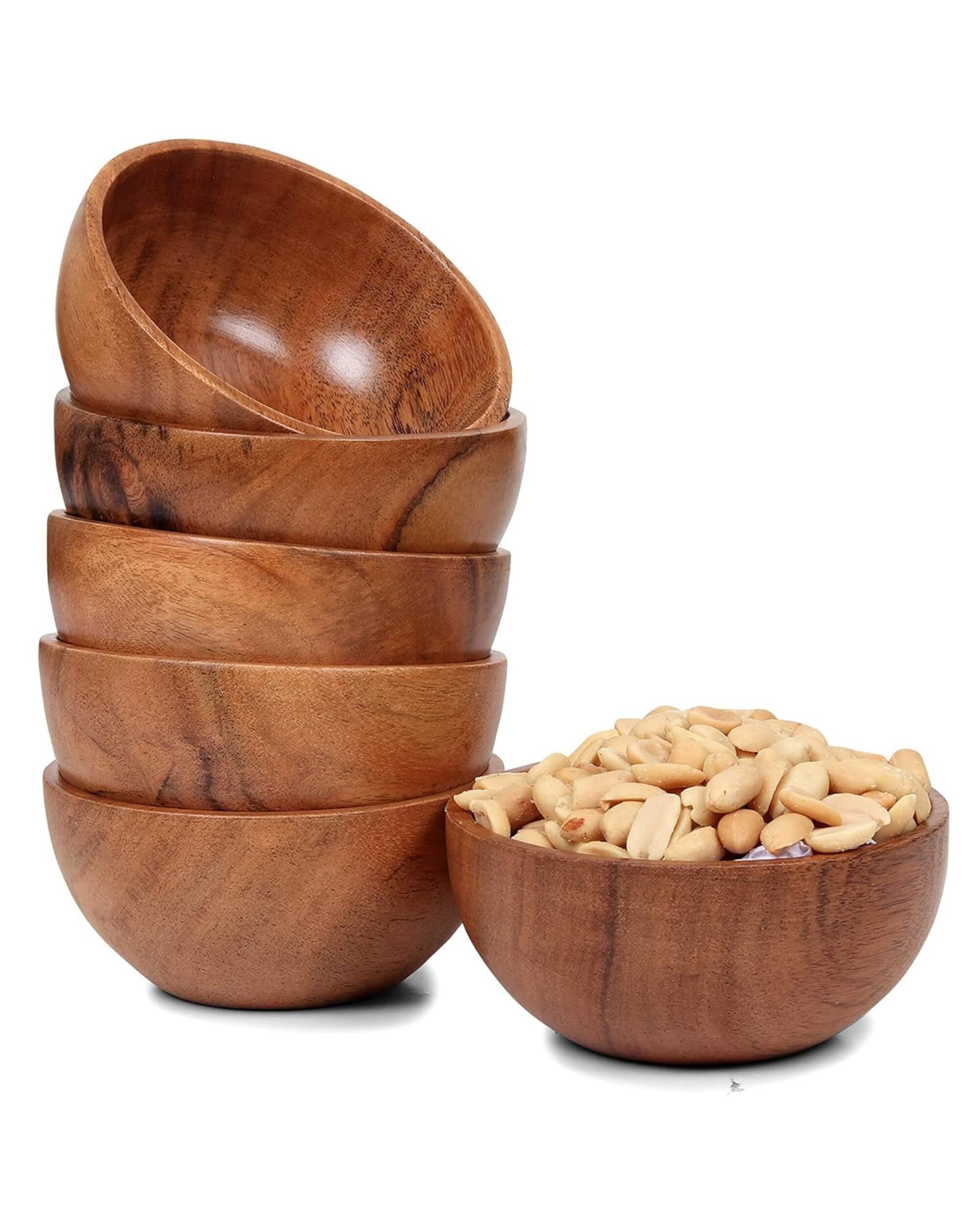 Premsons® Set of 6 Wooden Katori Bowls – Round Dessert Bowls for Condiments, Dips, Sauces, Nuts, Candy & More
