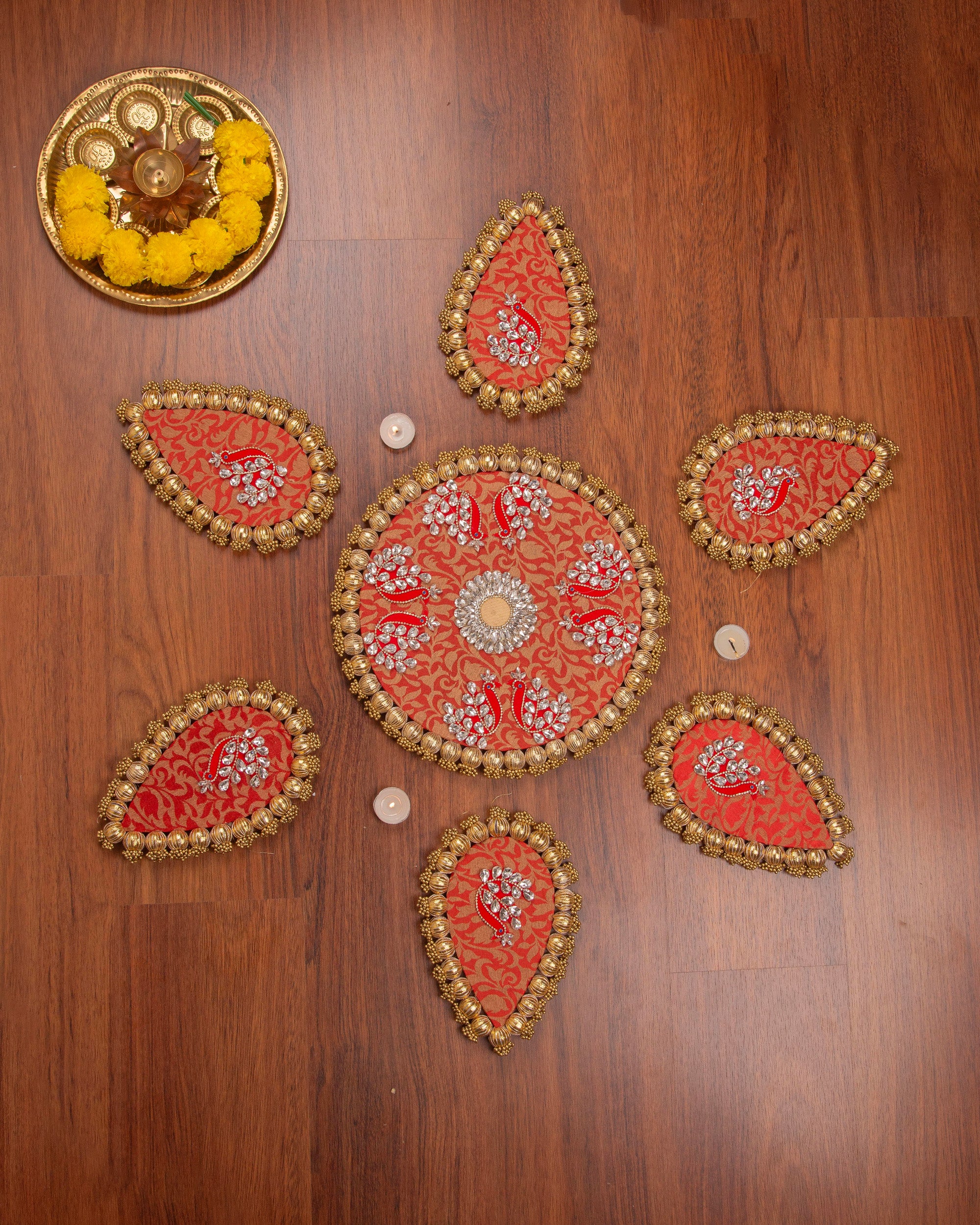 Premsons® Handcrafted Rangoli Set of 7 – Red & Golden Decorative Tealight Holders for Diwali, Pooja, Festivals & Home Décor