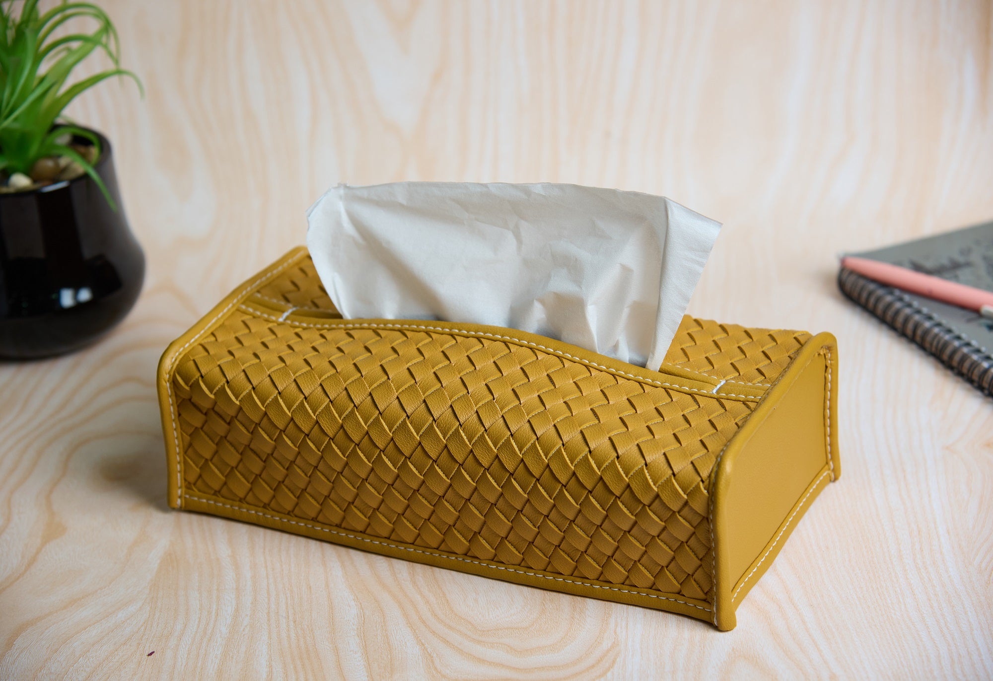 Premsons® Woven Design Artificial Faux Vegan Leatherette Tissue Paper Box for Dining Room Kitchen Bedroom Car and Home Décor (Yellow, Rectangular Sleeve)