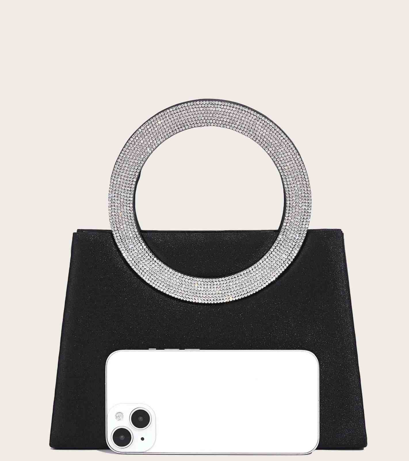 Eternia® Crystal Circle Handle Evening Bag – Rhinestone Top Handle – Black