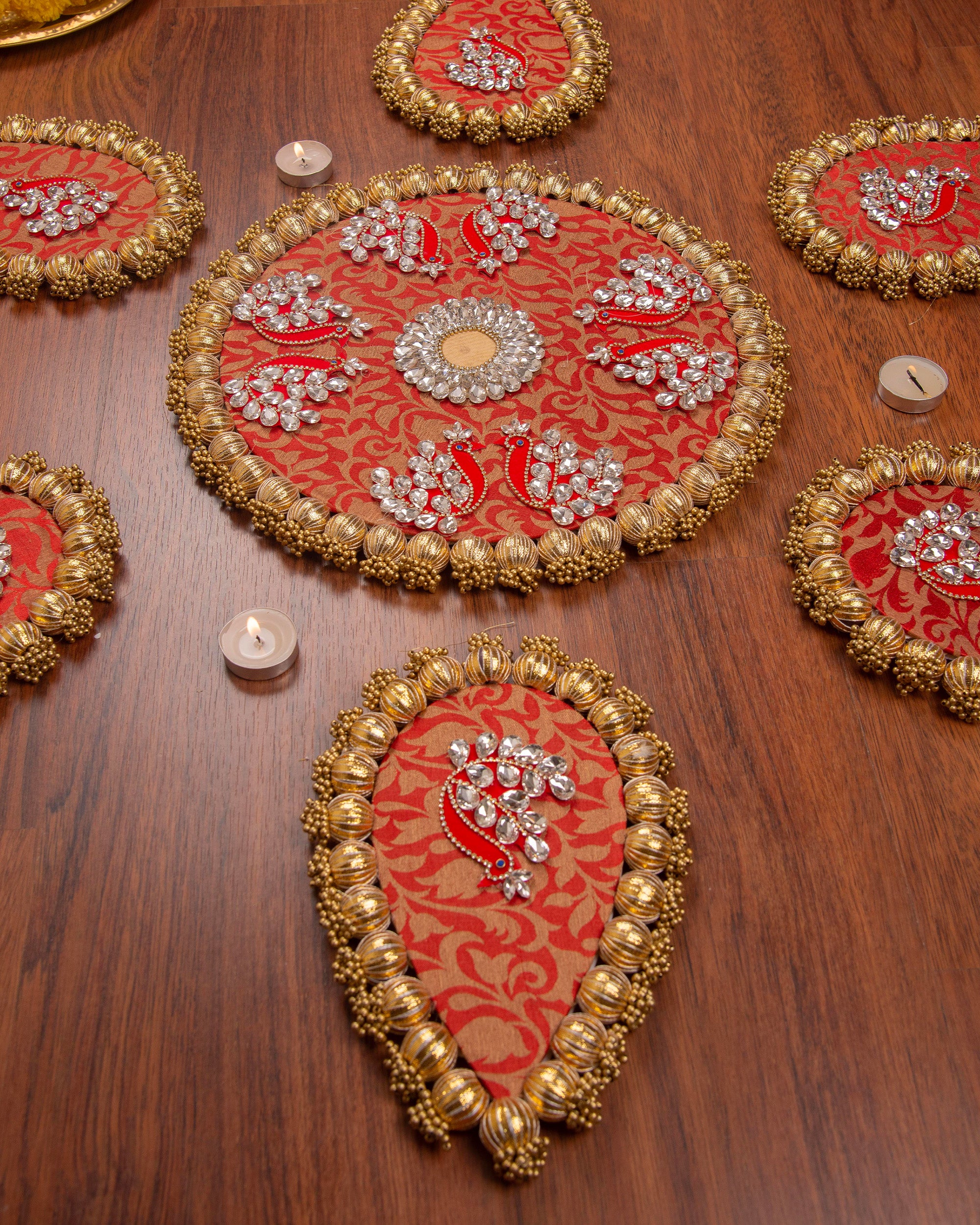 Premsons® Handcrafted Rangoli Set of 7 – Red & Golden Decorative Tealight Holders for Diwali, Pooja, Festivals & Home Décor