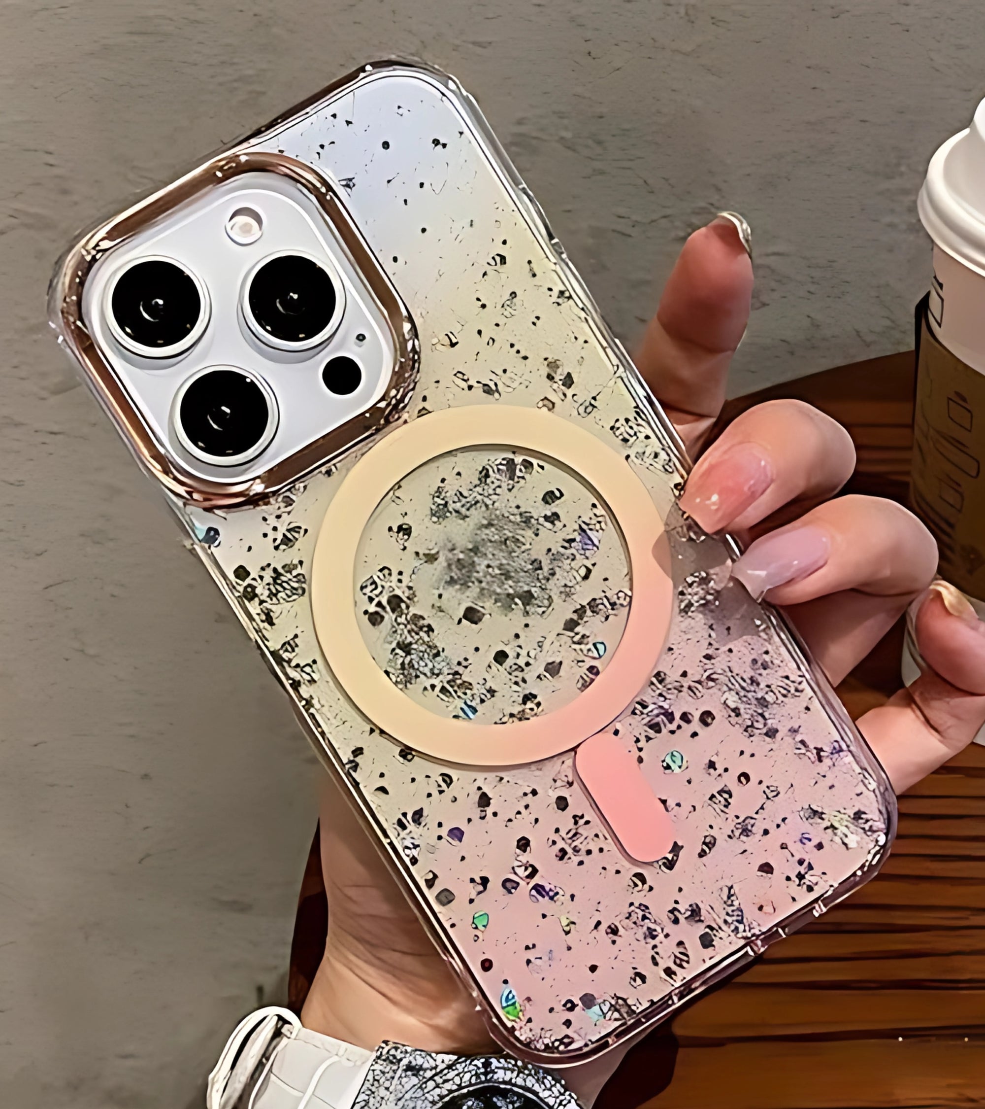 Premsons® Glitter Transparent Case with Magnetic Ring Design for iPhone 14 Pro – Stylish Shockproof Bling Back Cover for Girls & Women