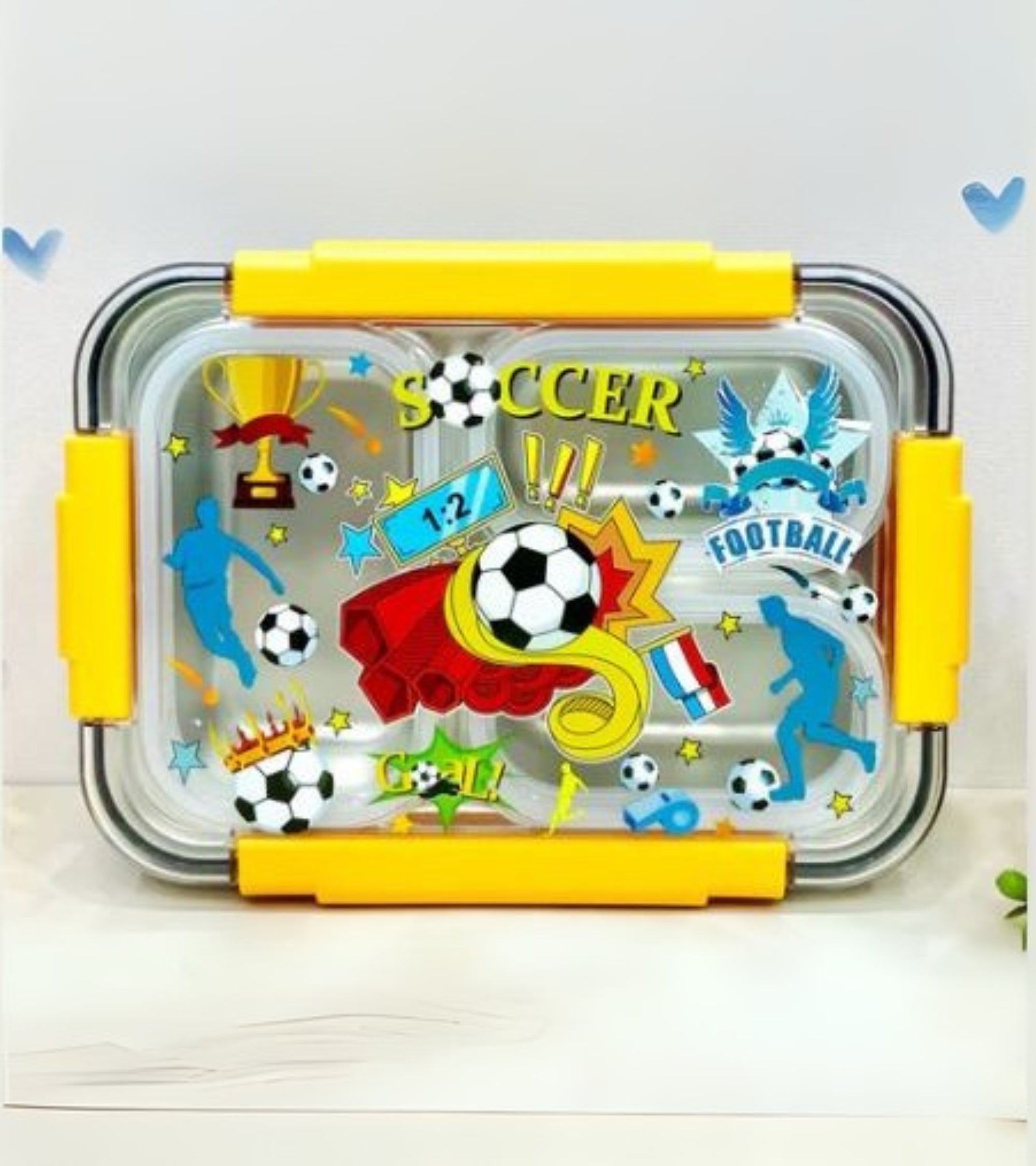 Premsons® Kids' Stainless Steel Lunch Box with 3 Compartments – Leak-Proof Tiffin Box with Fun Soccer-Themed Lid & Locking Clips | Includes Spoon & Chopsticks | Ideal for School & Travel