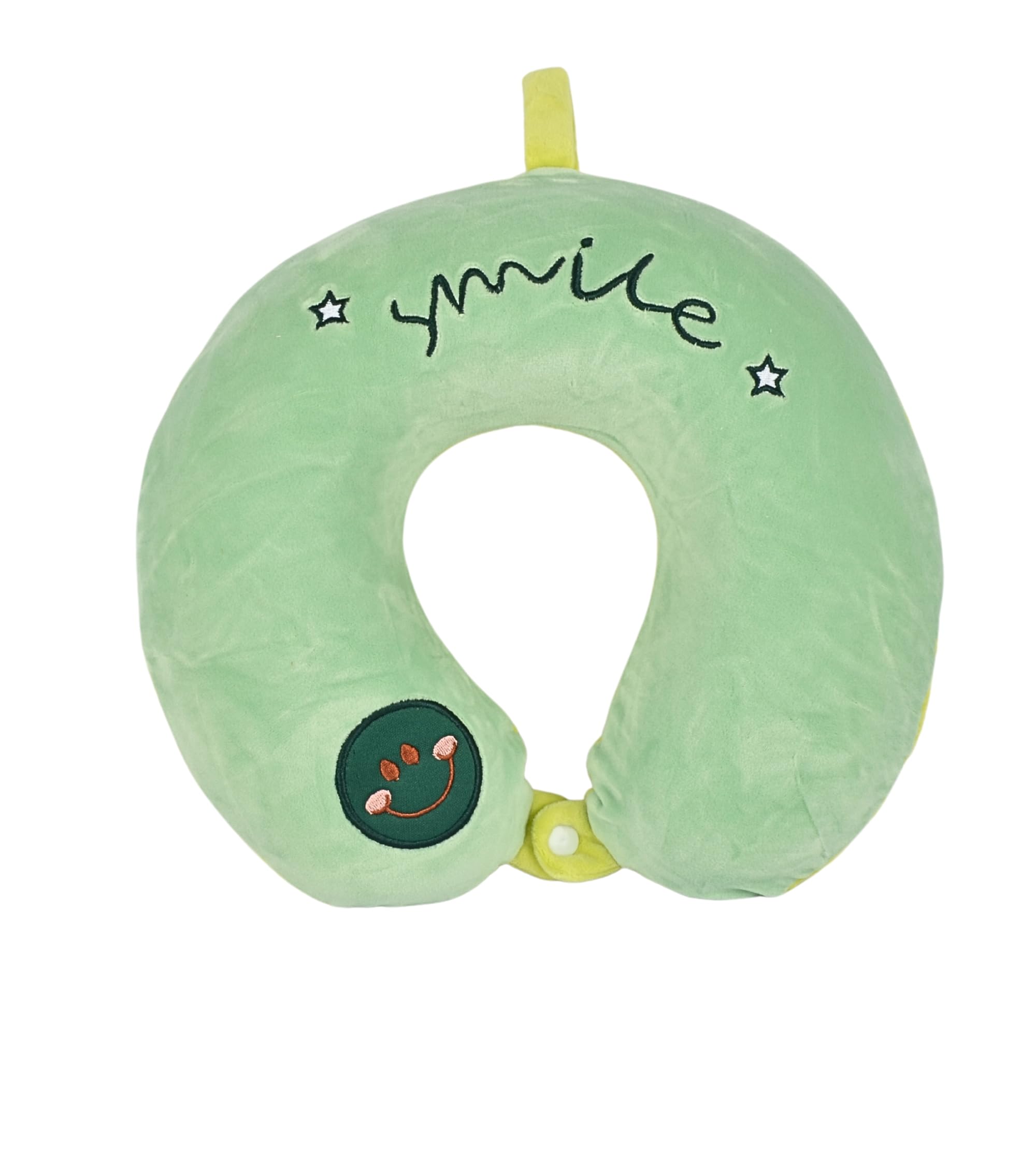Cushy® Travel Neck Pillow with 360-Degree Head Support - Memory Foam Luxury Soft Pillow for Sleeping Rest - Home Travel Airplane Car - Smiley Printed, Green