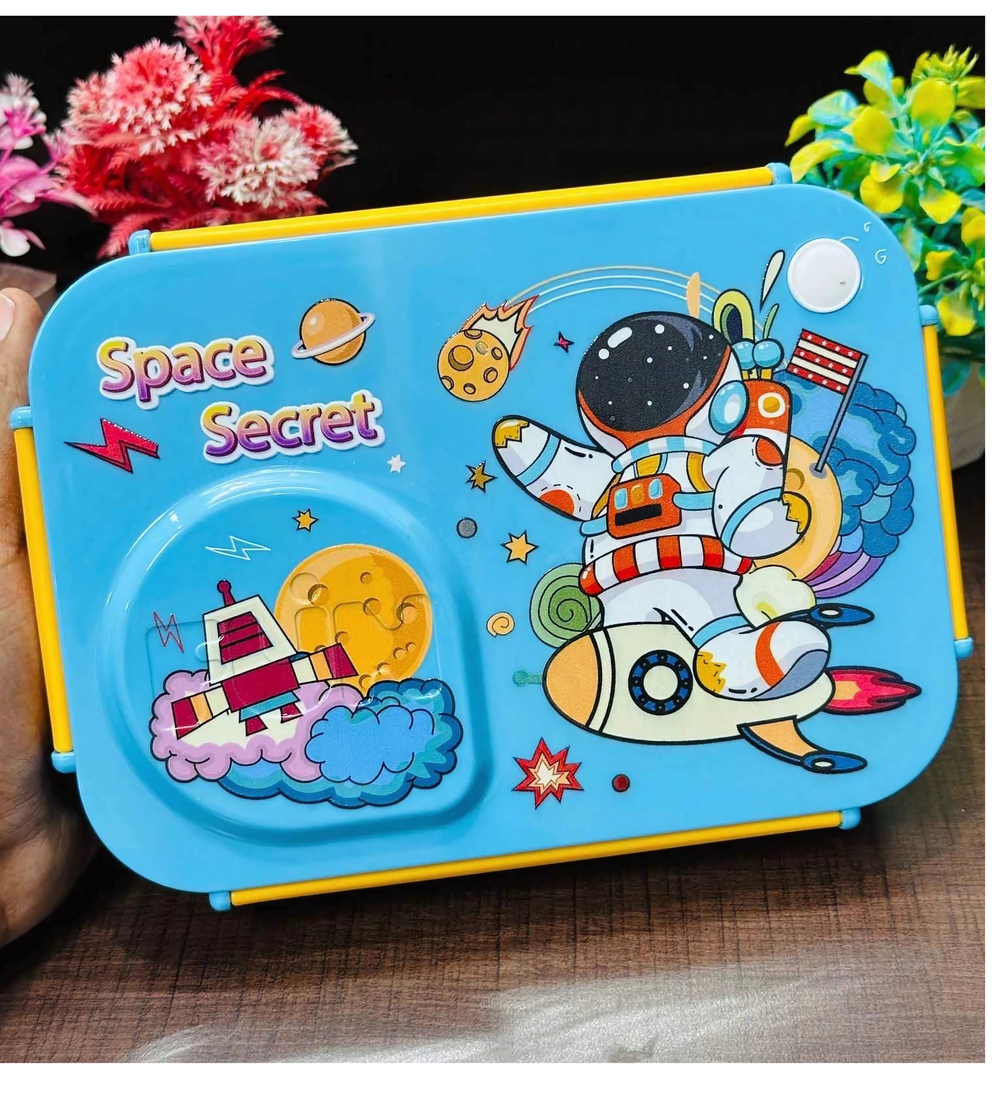 Premsons® Space Secret 3-Grid Kids Lunch Box – Cute Astronaut & Rocket Design, Leak-Proof & Lightweight Tiffin for School