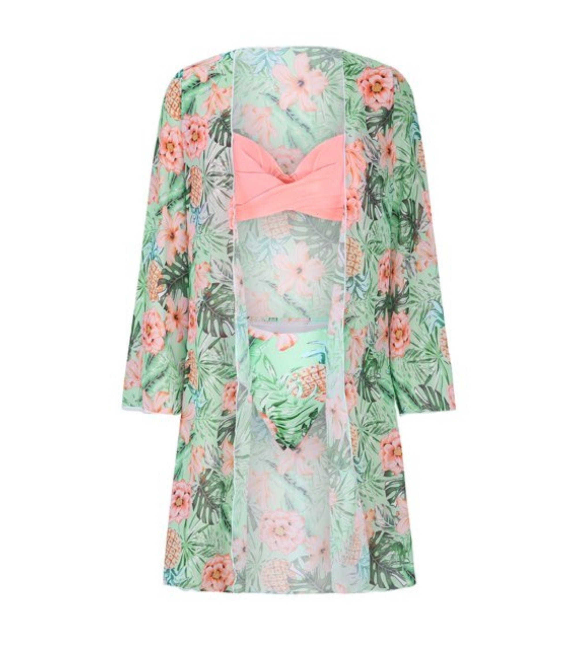Floral kimono cover-up with peach bikini-style underlay for a 3-piece swimsuit set.