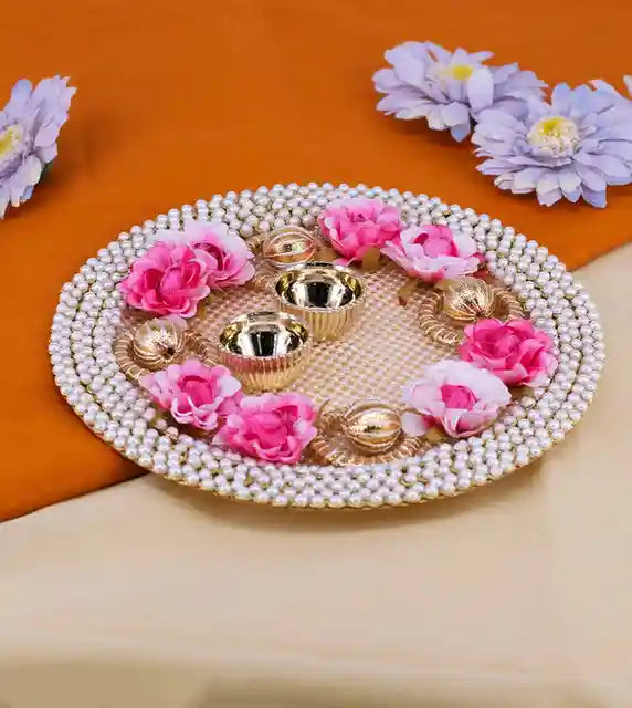 Premsons® Pink Pearl Pooja Thali – Floral Elegance for Festivals