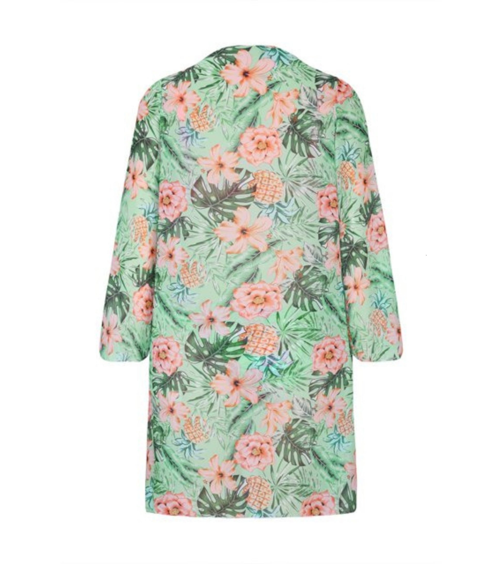 Floral long kimono cover-up with long sleeves for a 3-piece swimsuit set.