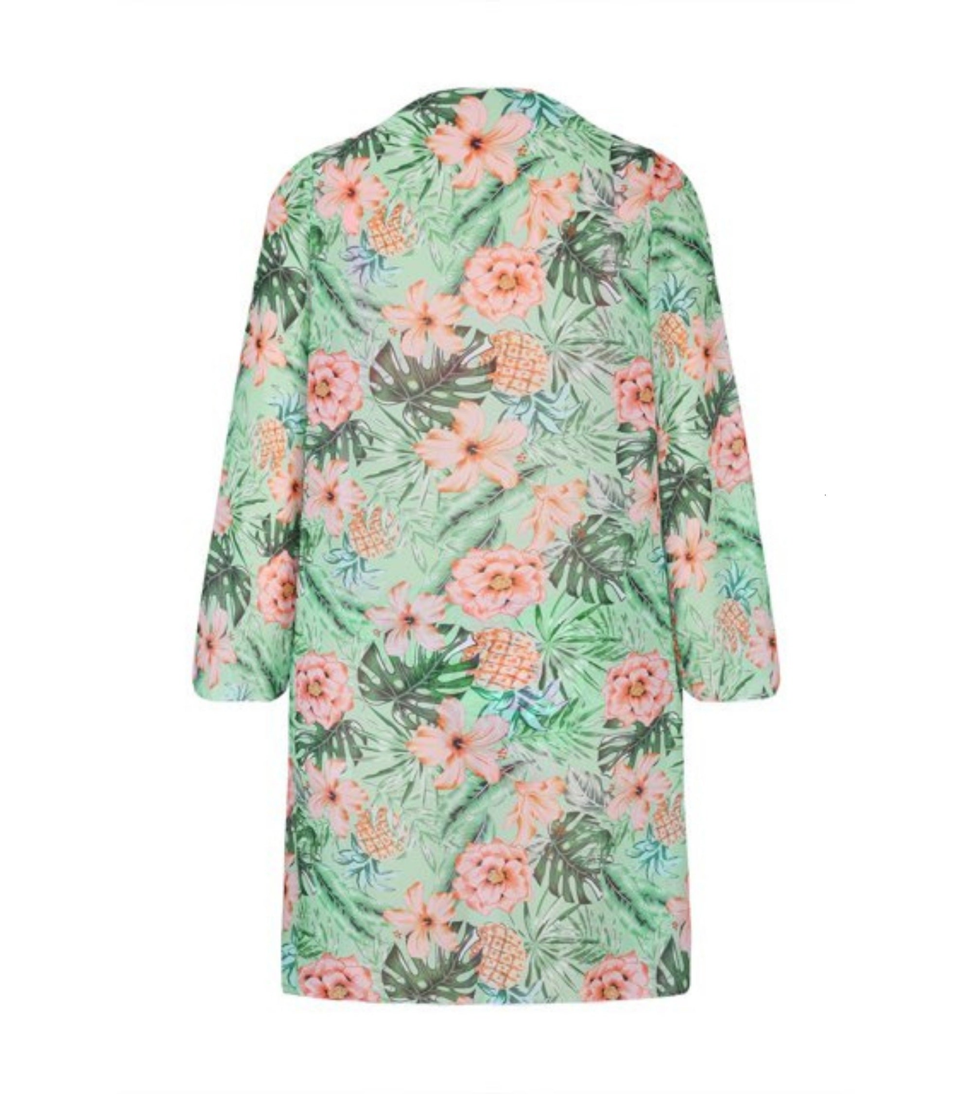 Floral long kimono cover-up with long sleeves for a 3-piece swimsuit set.