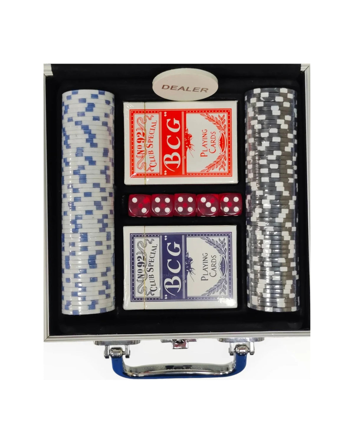 Premsons® poker game set in case with blue and black chips and two card decks
