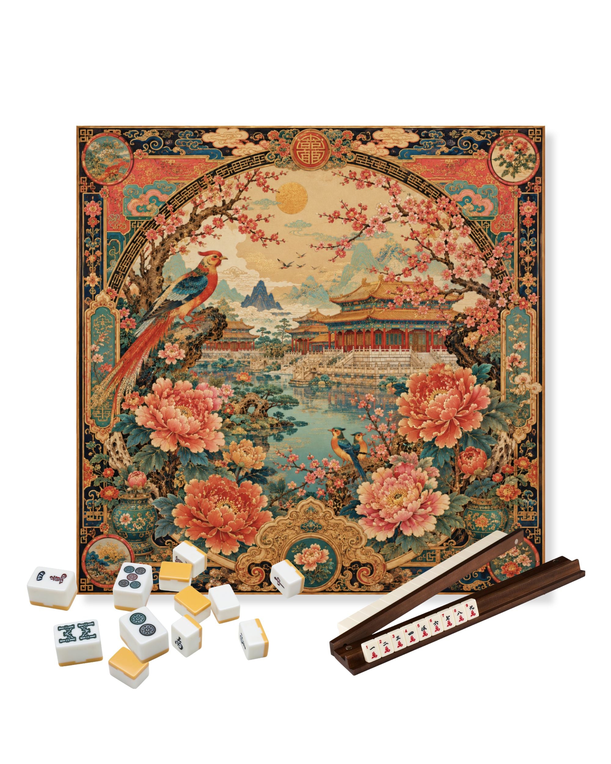 Premsons® Imperial Blossom Mahjong Mat – Luxury Oriental Mahjong Table Cover with Palace Garden, Peonies, Phoenix Bird & Cherry Blossom Artwork, Foldable Non-Slip Playing Mat for Game Night & Travel