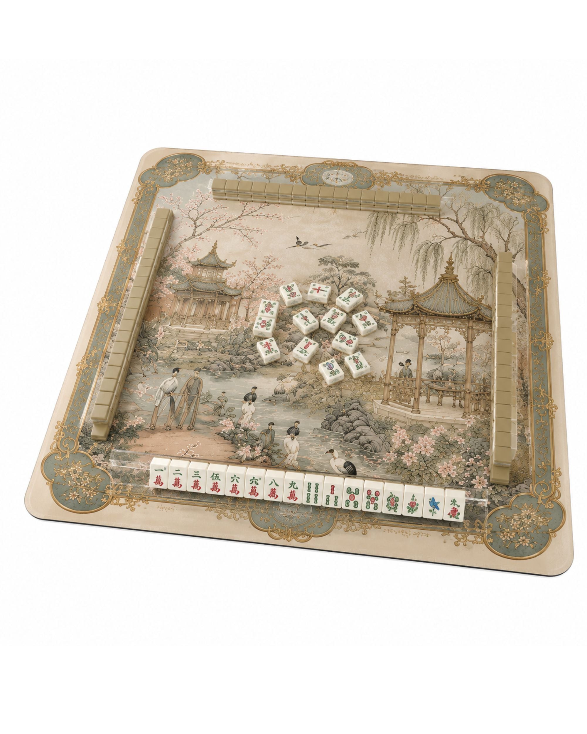 Premsons® Vintage Oriental Garden Mahjong Mat – Luxury Non-Slip Foldable Mahjong Table Cover with Pagoda & Cherry Blossom Design