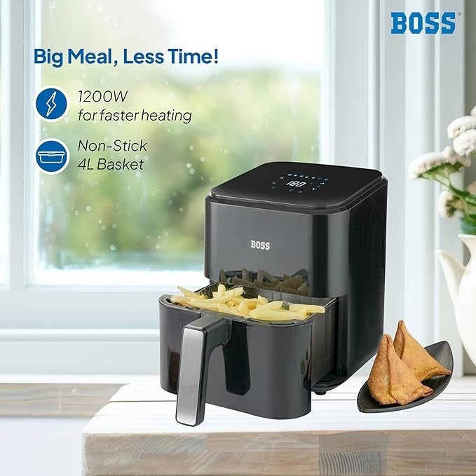 Boss SmartFry Digital Air Fryer – 4 Litre, 1200W | LED Touch Display with Temperature & Timer Control | Low-Oil Frying for Crispy Snacks, Fries, Kebabs & More