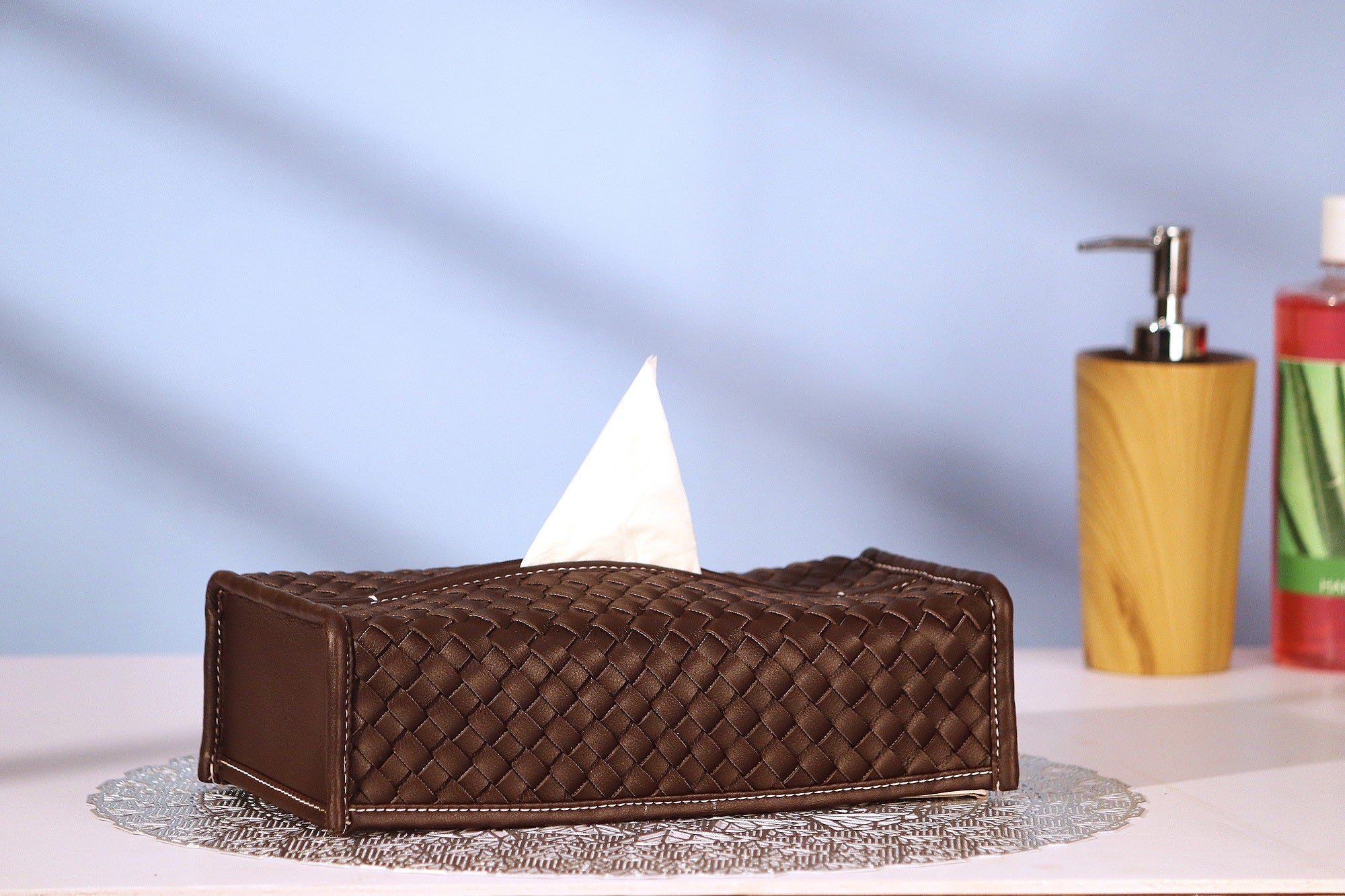 Premsons® Woven Design Artificial Faux Vegan Leatherette Tissue Paper Box for Dining Room Kitchen Bedroom Car and Home Décor (Dark Brown, Rectangular Sleeve)