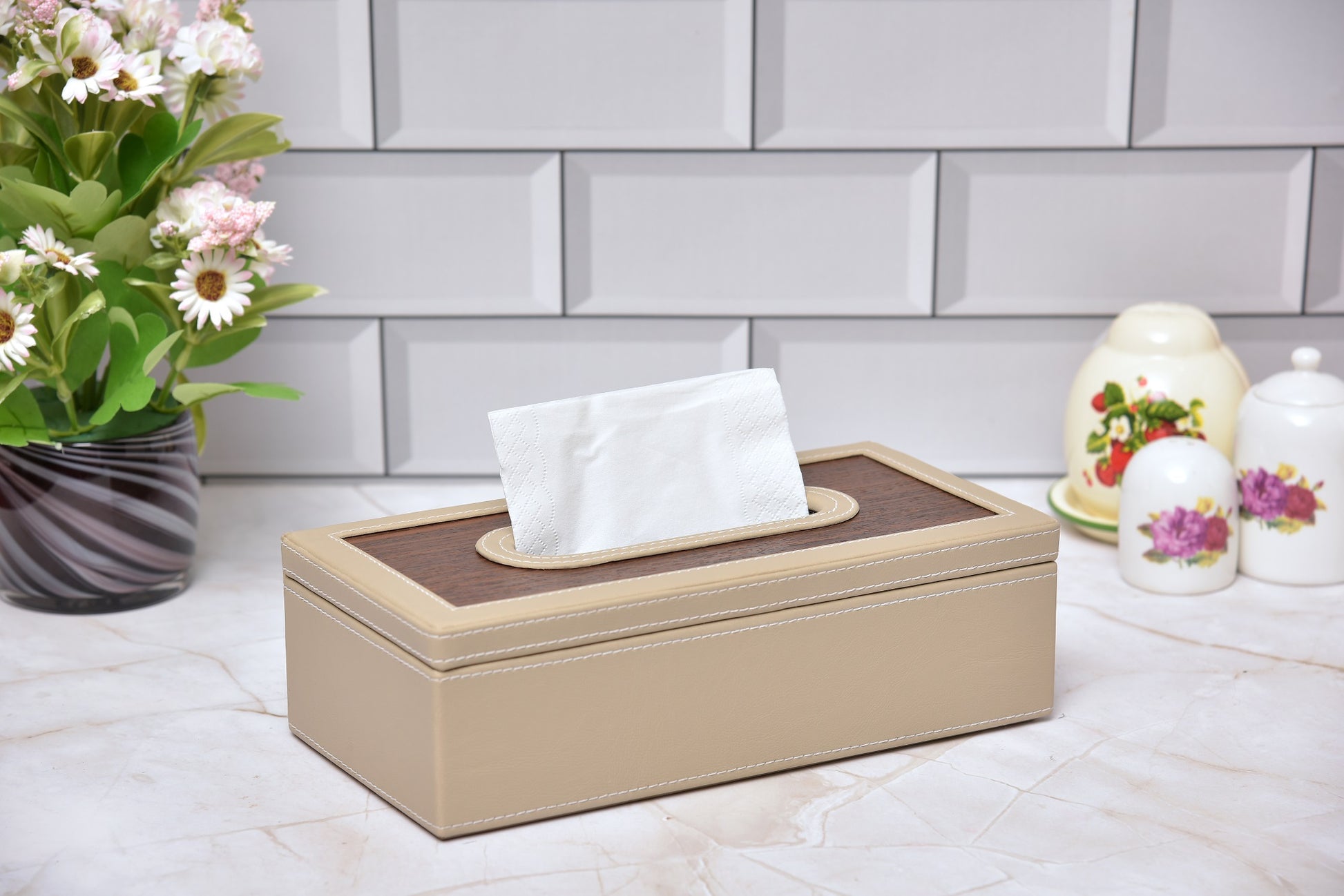 Rectangular tissue box holder with tan leatherette sides and wooden-look top
