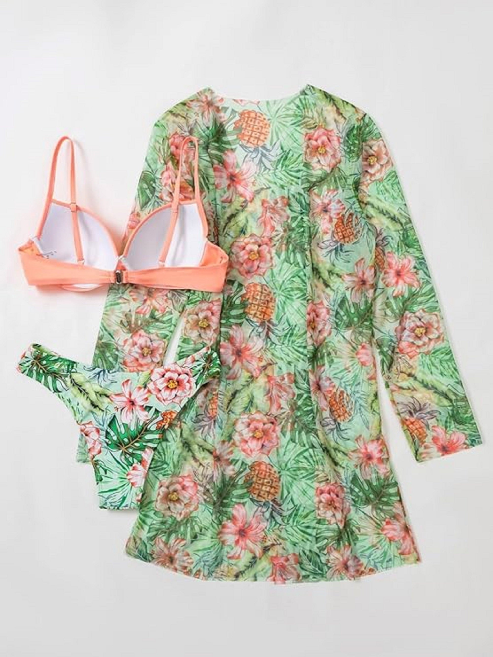 3-piece swimsuit set: peach bikini with matching bottoms and green floral kimono cover-up.