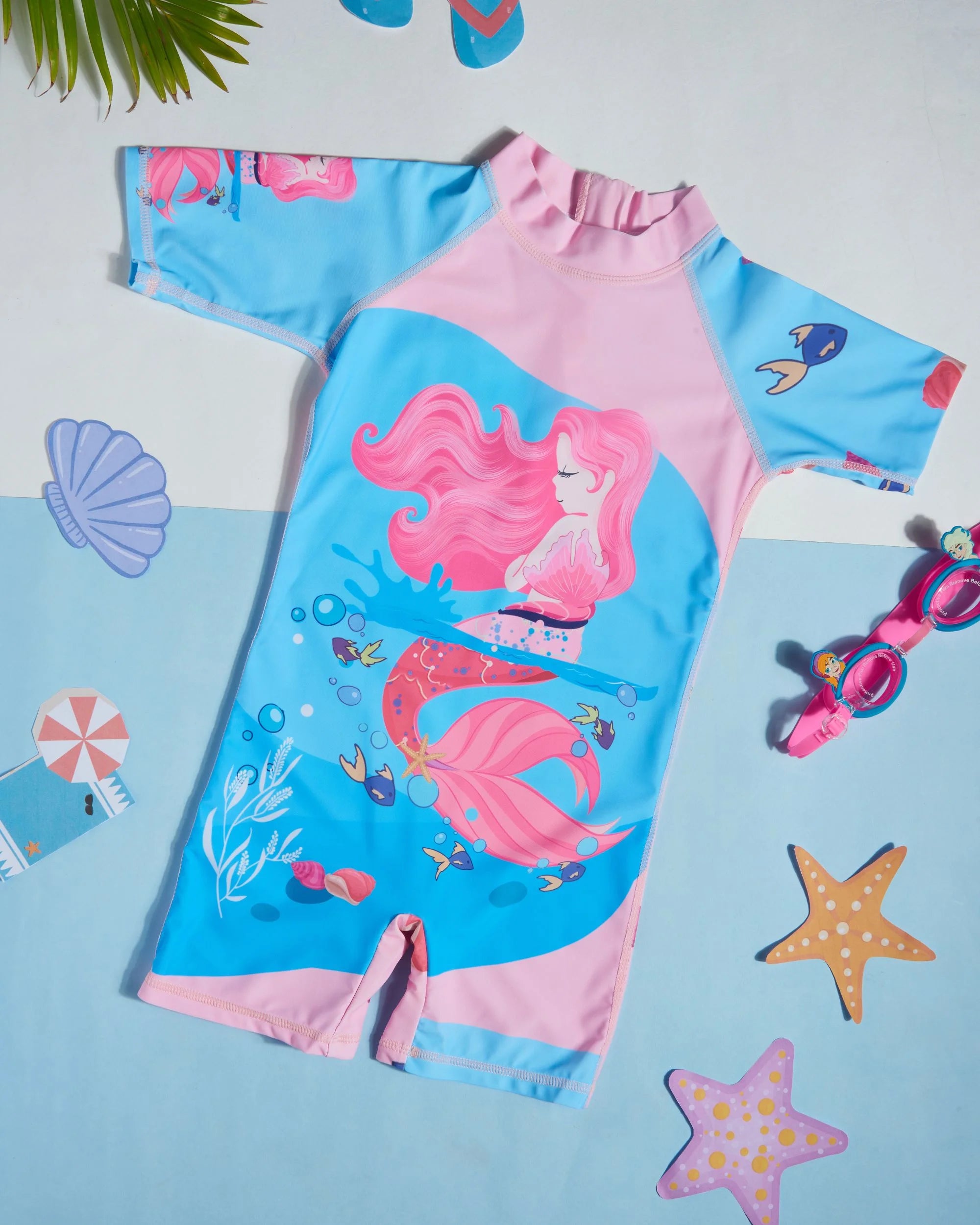 Premsons® Children's One-Piece Swimwear – Half Sleeve & Shorts Length Swimming Costume with Matching Cap - Mermaid - Blue & Pink