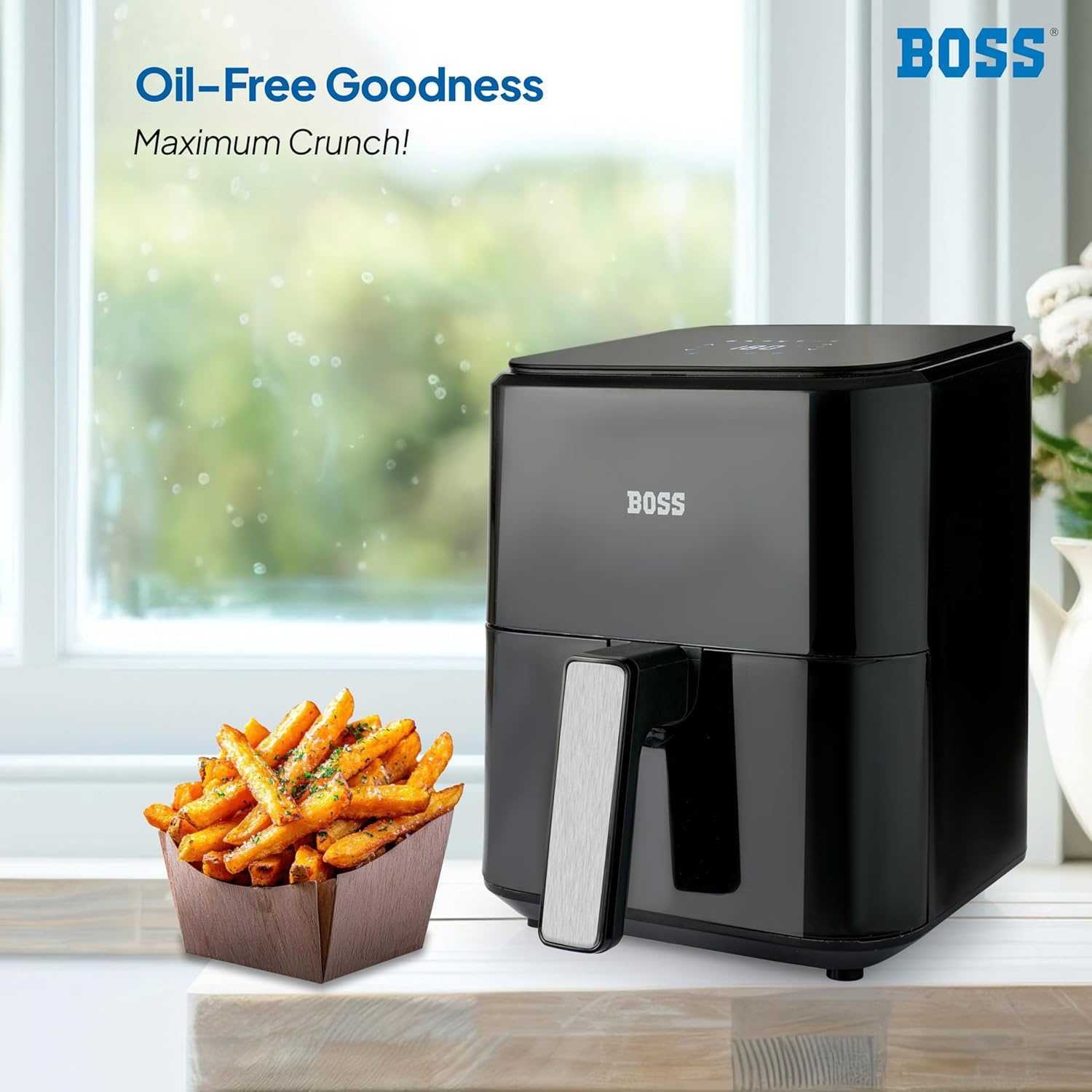 Boss SmartFry Digital Air Fryer – 4 Litre, 1200W | LED Touch Display with Temperature & Timer Control | Low-Oil Frying for Crispy Snacks, Fries, Kebabs & More