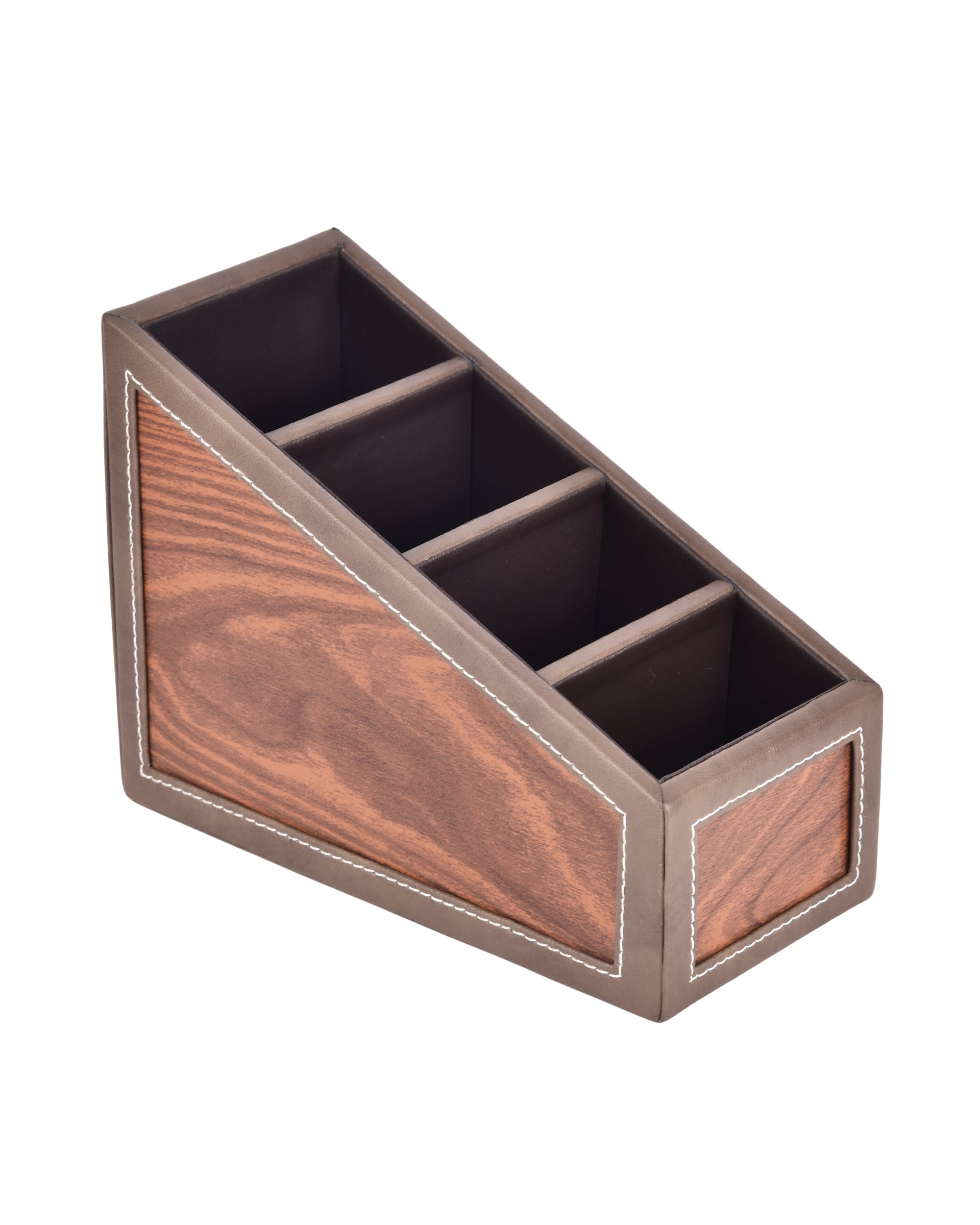 Premsons® Remote Holder Artificial Leather with Wooden Finish – 4 Section Tabletop Organizer for TV, AC & Office Desk Accessories – Compact & Stylish Storage Solution for Home & Office
