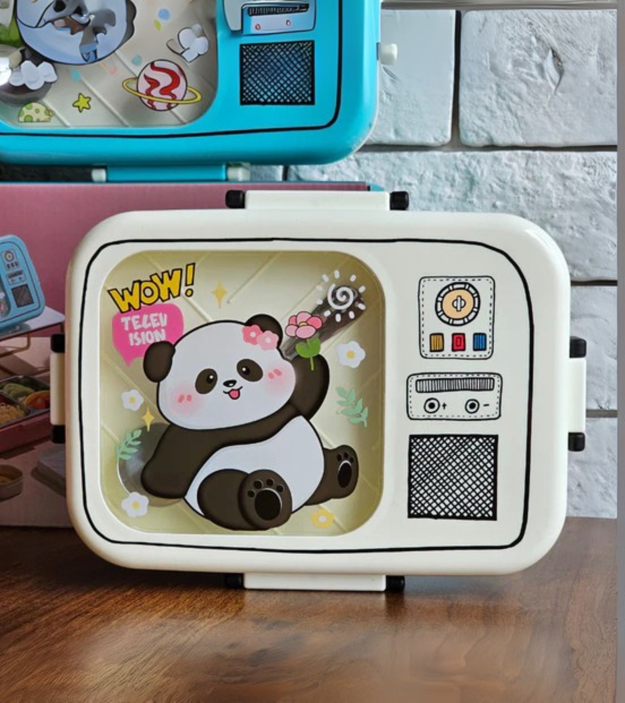 Premsons® Cute Panda Cartoon Kids Lunch Box – TV-Shaped Lunchbox with 3 Compartments, Leakproof BPA-Free Food Container, Lightweight & Durable Tiffin Box for School, Picnic & Travel (White)