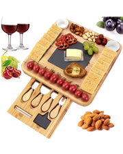 Premsons® Bamboo Cheese Board & Knife Set - Includes 4 Knives + 4 Forks + Ceramic Bowl Set -Charcoal Slate Chalk Marker Cutlery Slide Out Drawer -Ideal for Home Dinner Special Occasions