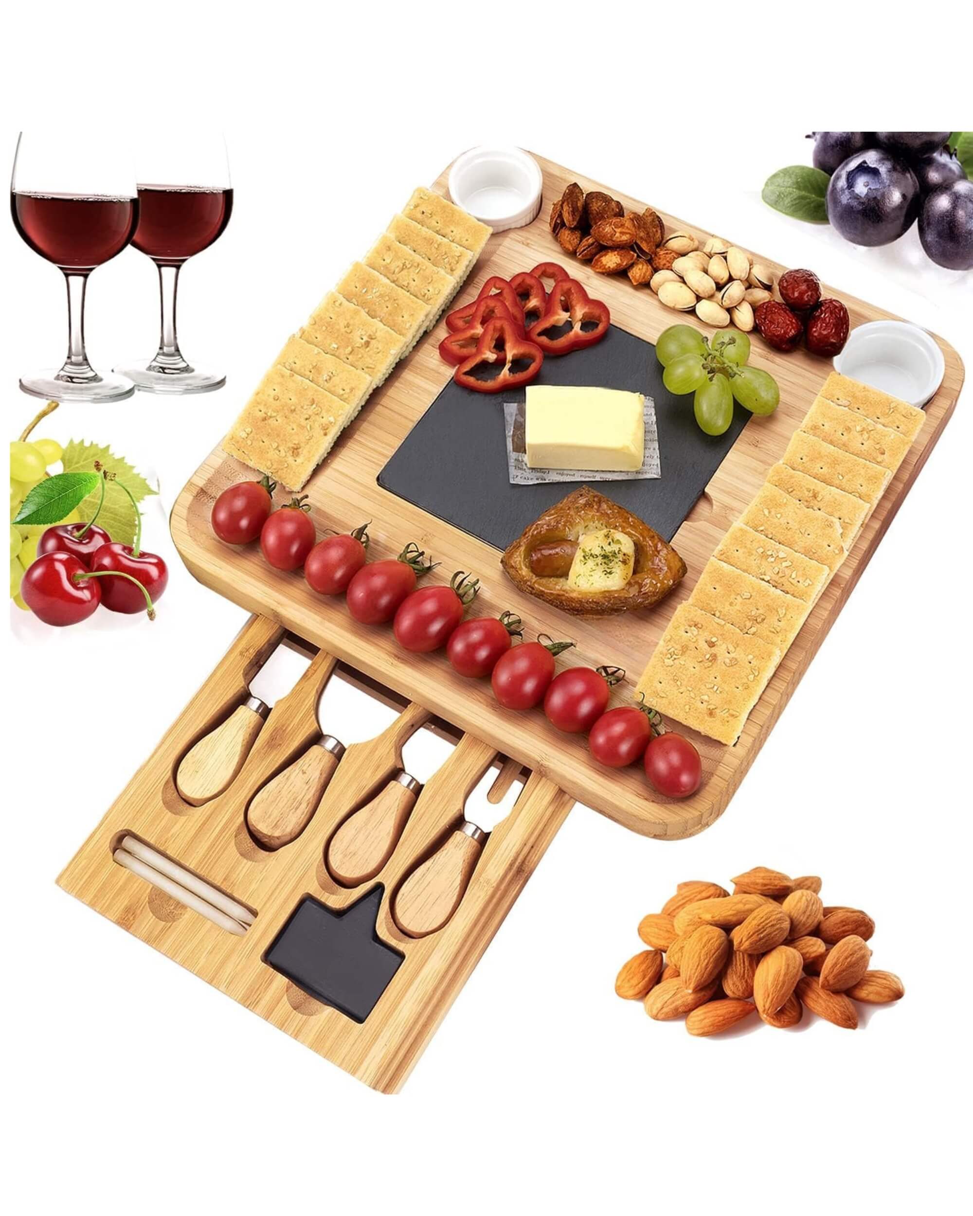 Premsons® Bamboo Cheese Board & Knife Set - Includes 4 Knives + 4 Forks + Ceramic Bowl Set -Charcoal Slate Chalk Marker Cutlery Slide Out Drawer -Ideal for Home Dinner Special Occasions