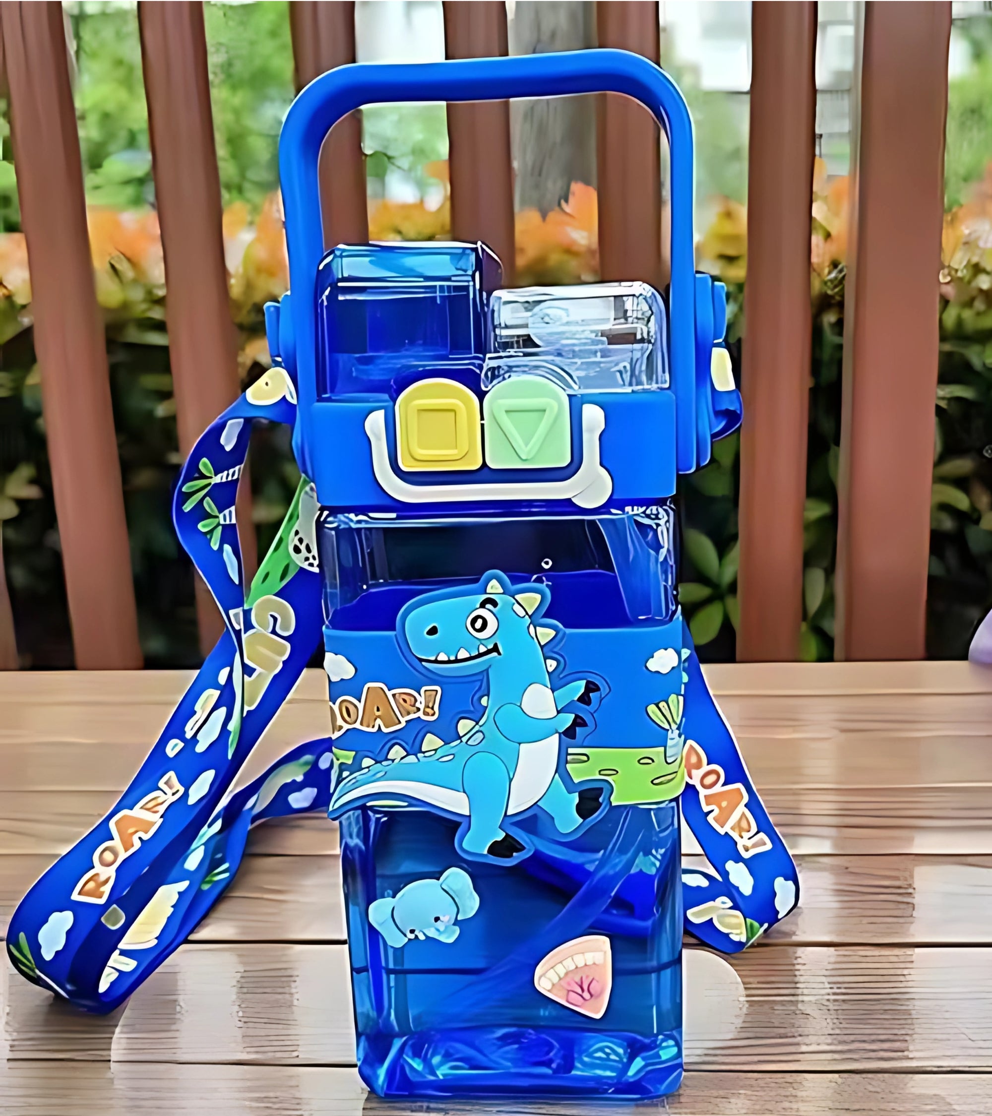 Premsons® Cute Dinosaur Dual-Chamber Water Bottle for Kids – BPA-Free, Leakproof, 2-in-1 Hydration Bottle with Strap – 520ml (Blue)