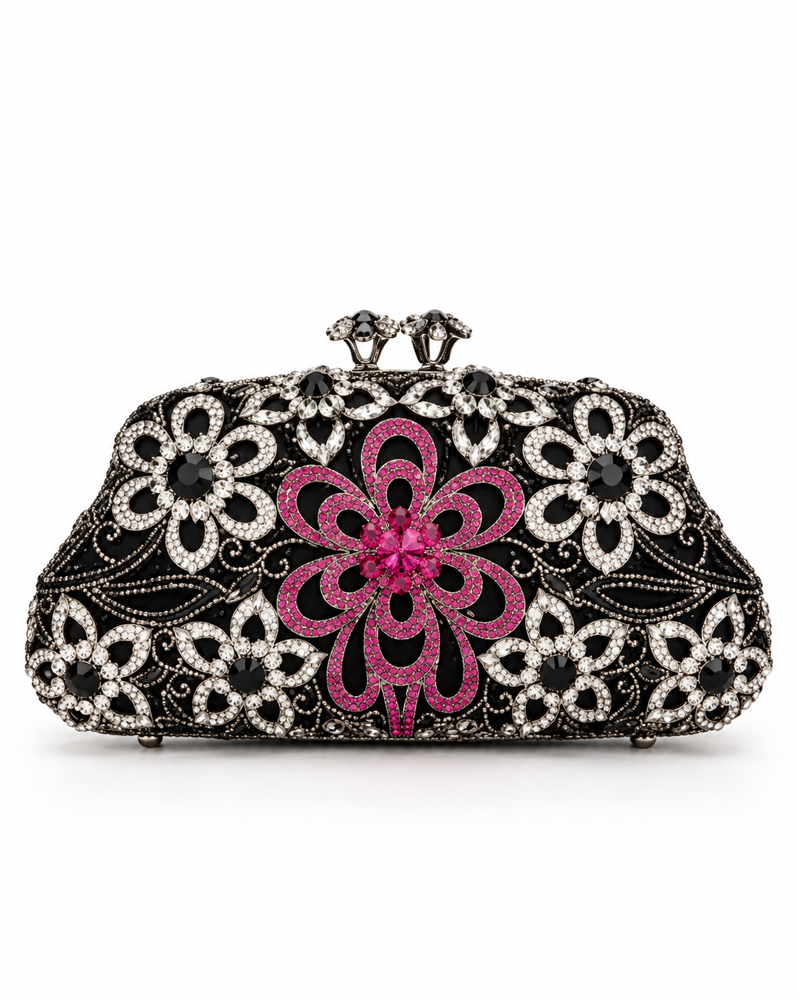 Eternia® black crystal clutch with pink floral rhinestone embellishment and jeweled clasp