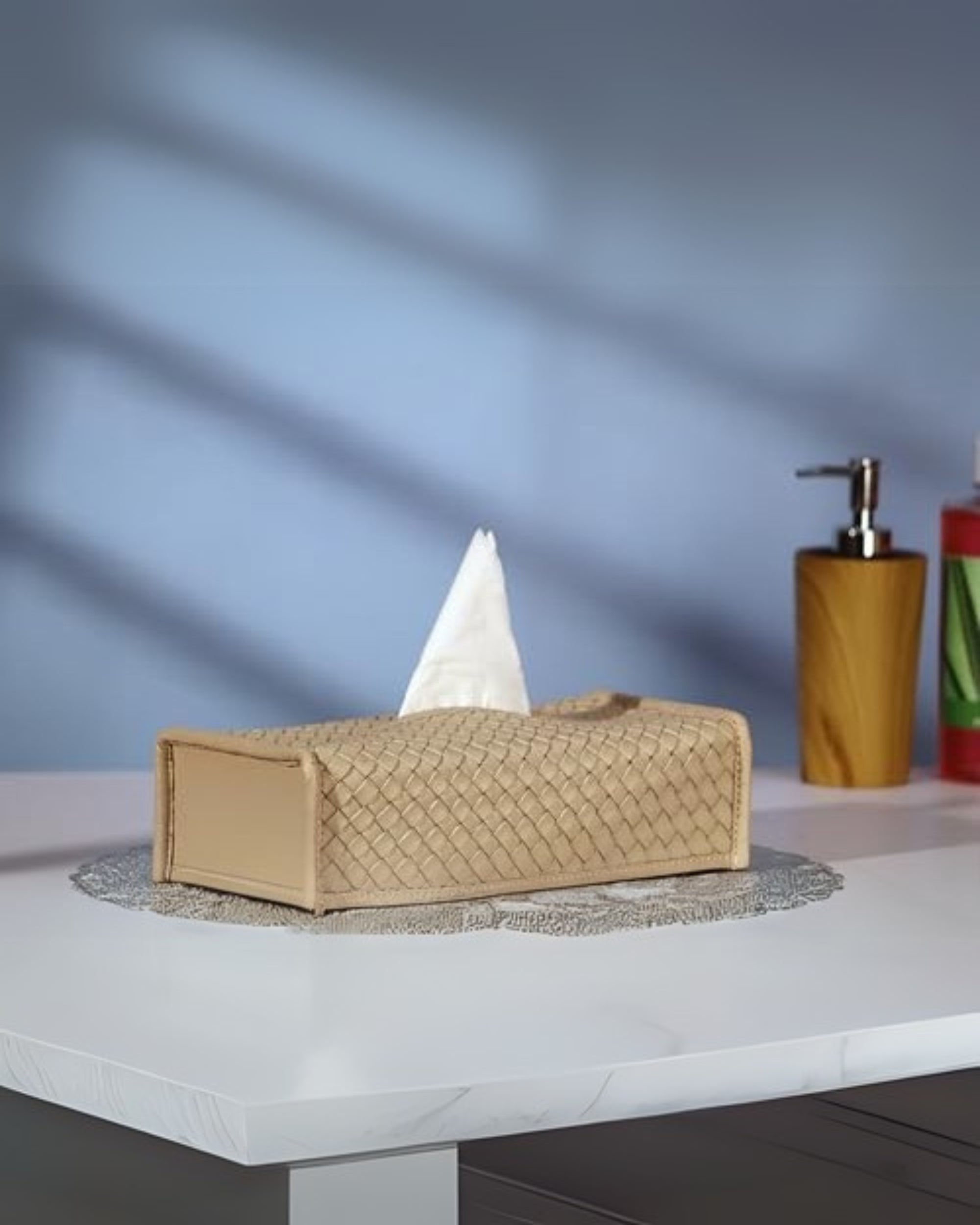 Premsons® Woven Design Artificial Faux Vegan Leatherette Tissue Paper Box for Dining Room Kitchen Bedroom Car and Home Décor (Cream, Rectangular Sleeve)